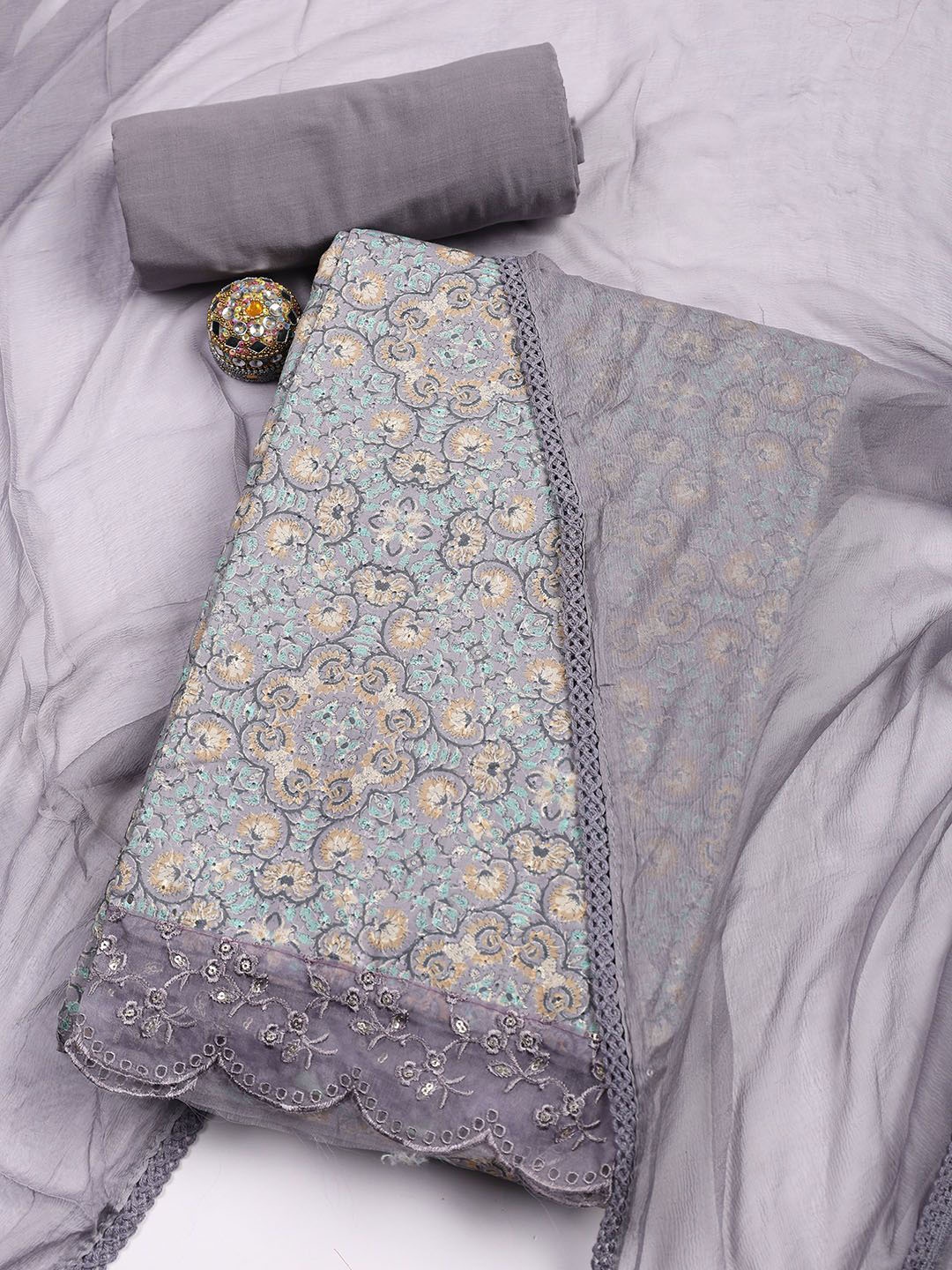 

Meena Bazaar Floral Printed Unstitched Dress Material, Grey