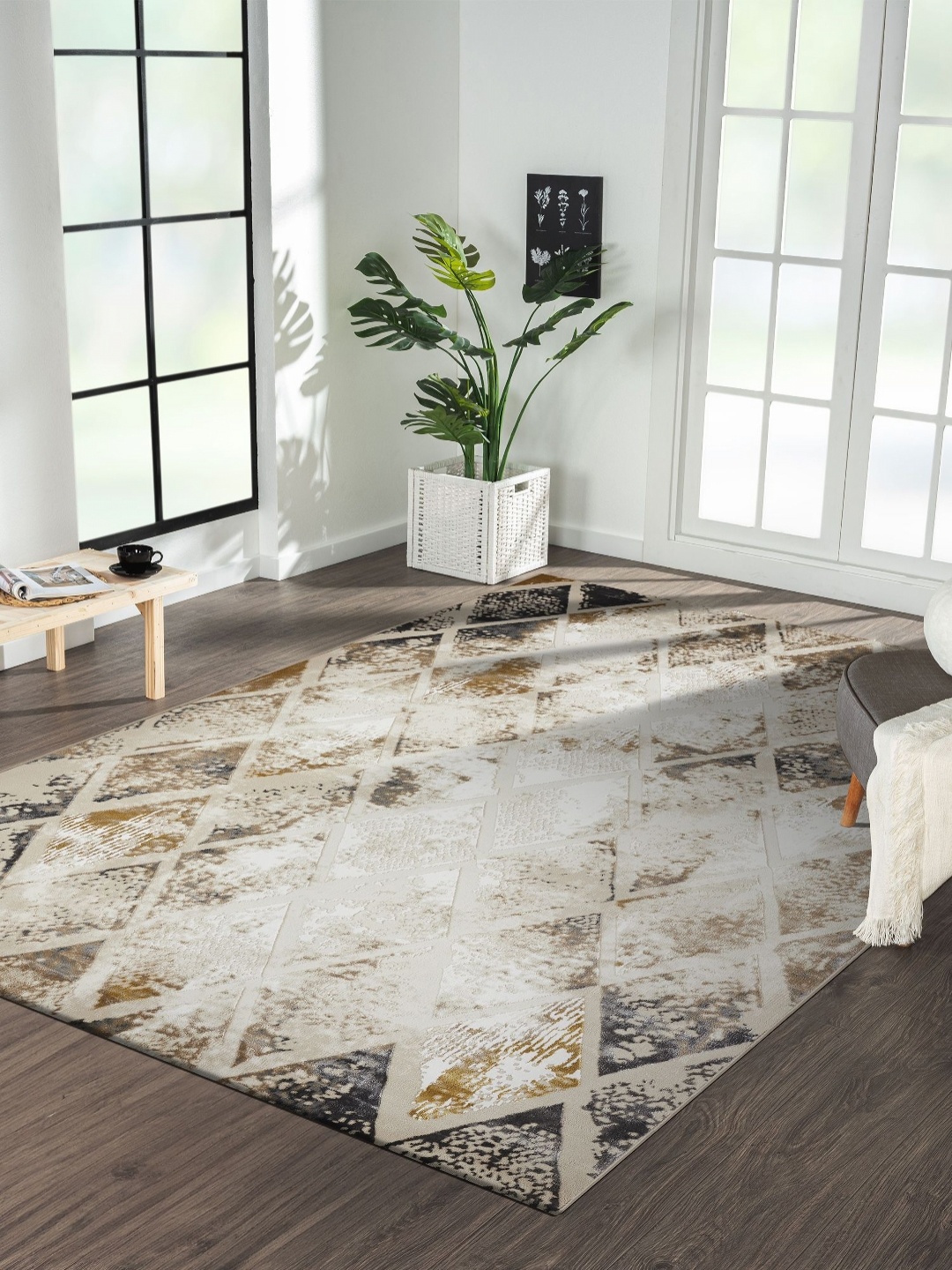 

OBSESSIONS Beige Abstract Printed Anti-Skid Carpet