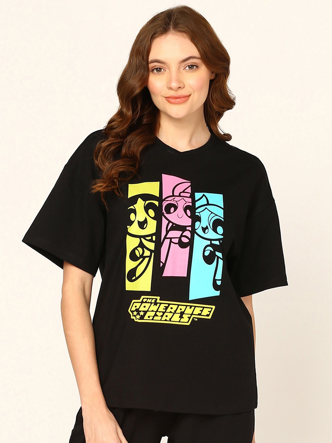 

THE POWER PUFF GIRLS by Dreambe Women Printed Mandarin Collar Extended Sleeves T-shirt, Black