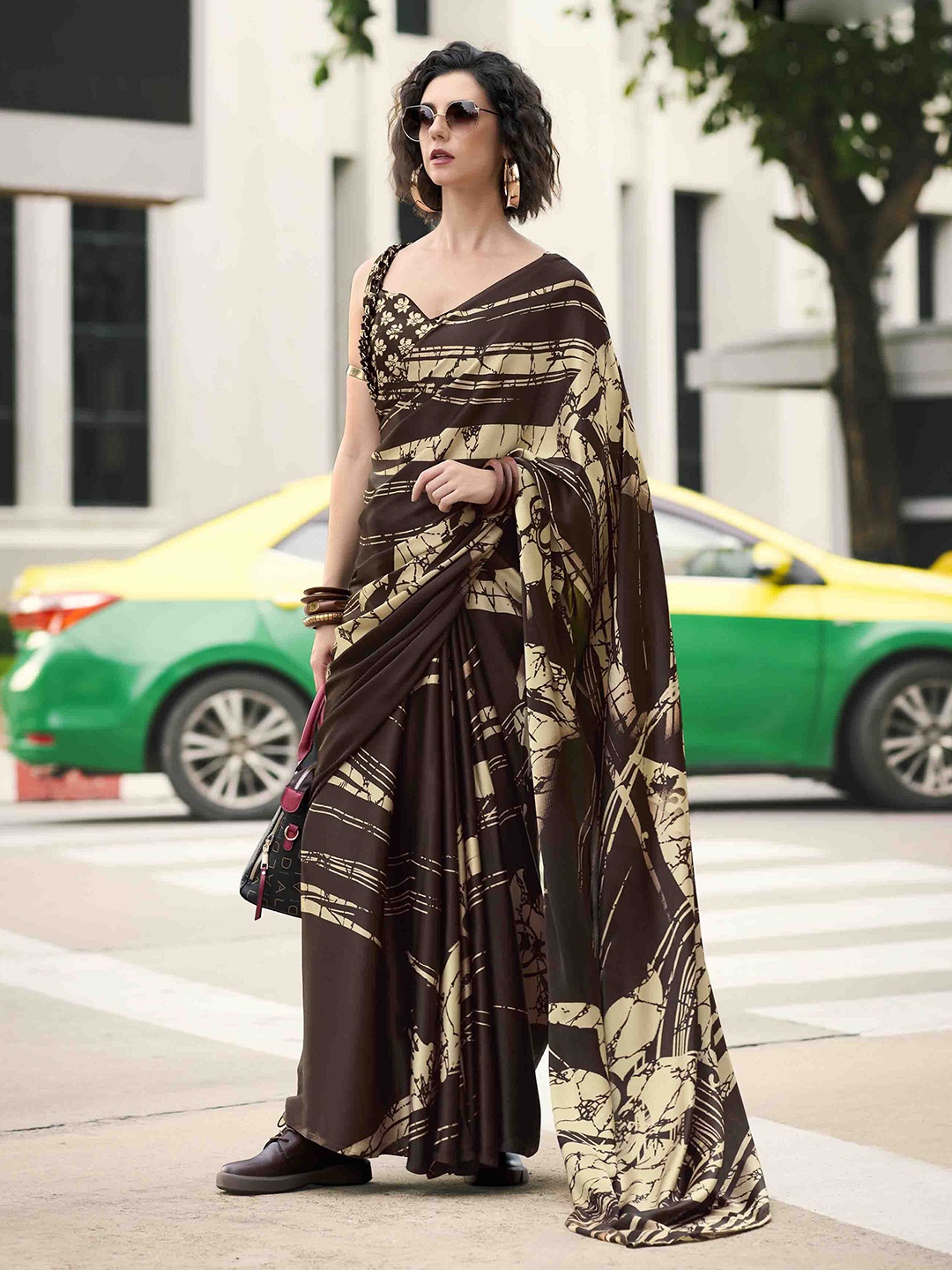

Mitera Floral Satin Saree, Coffee brown