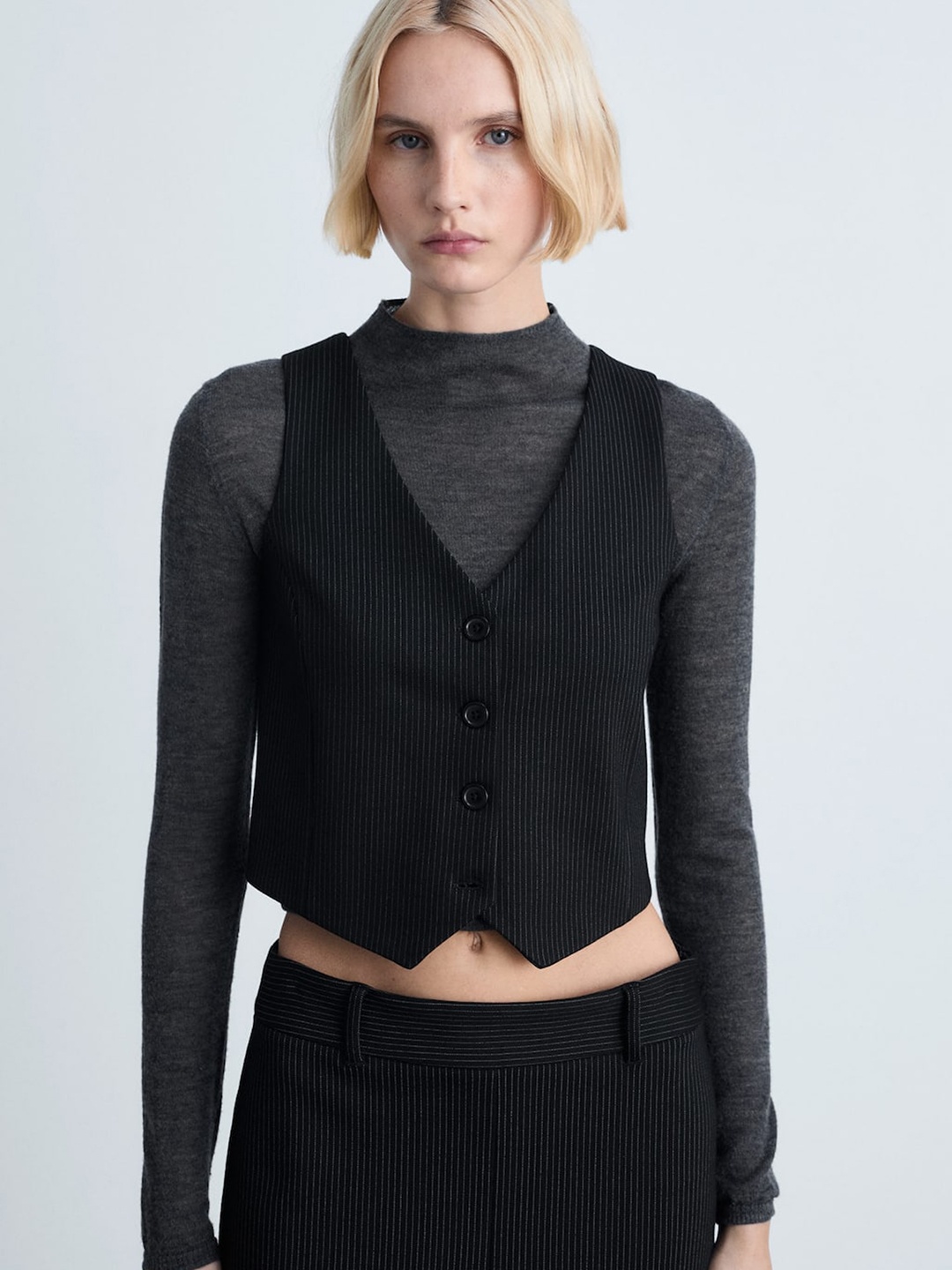 

MANGO Pin Striped V-Neck Waistcoat, Black