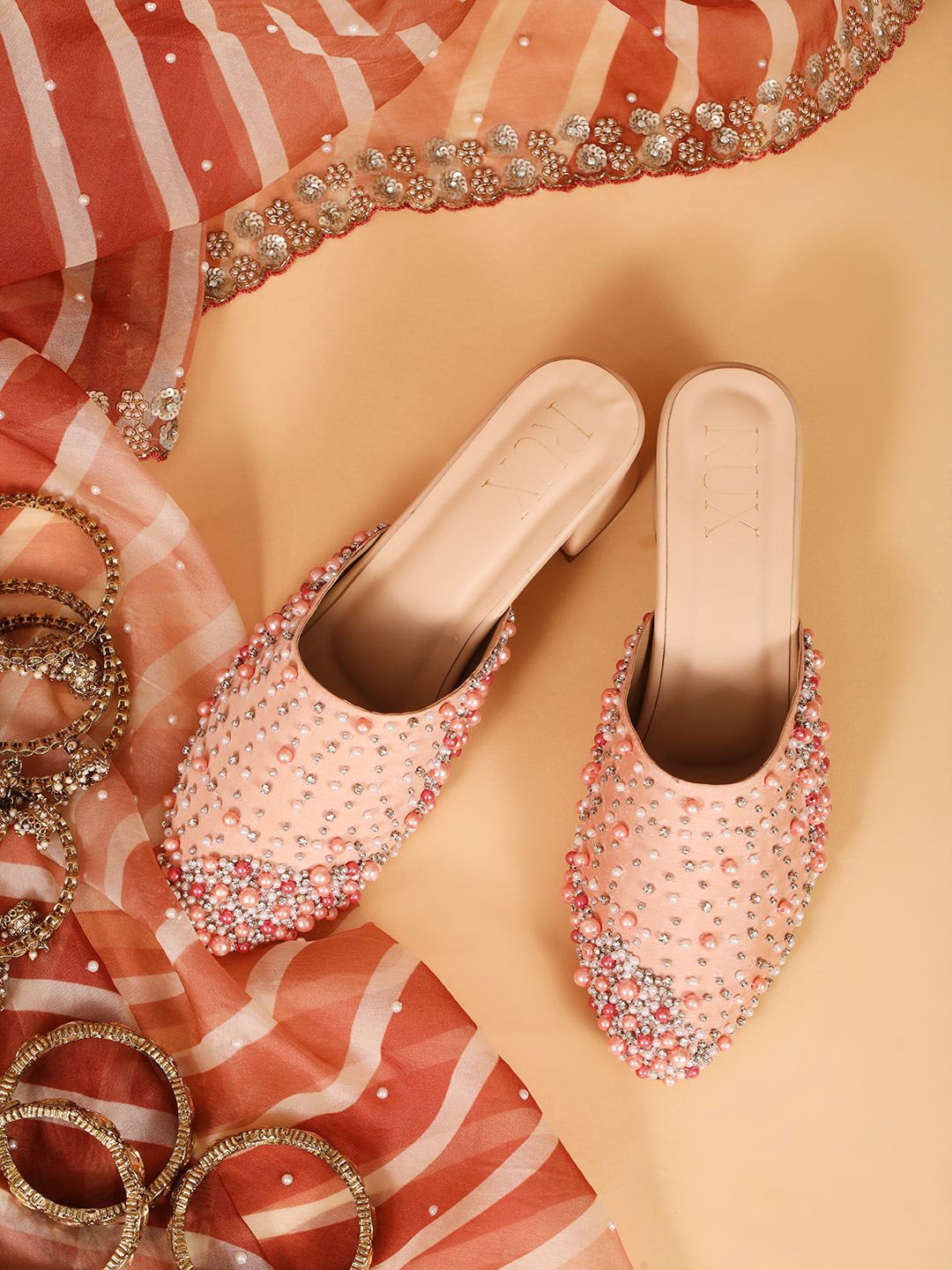 

RUXBYPAYAL Women Embellished Block Heel Mules, Peach