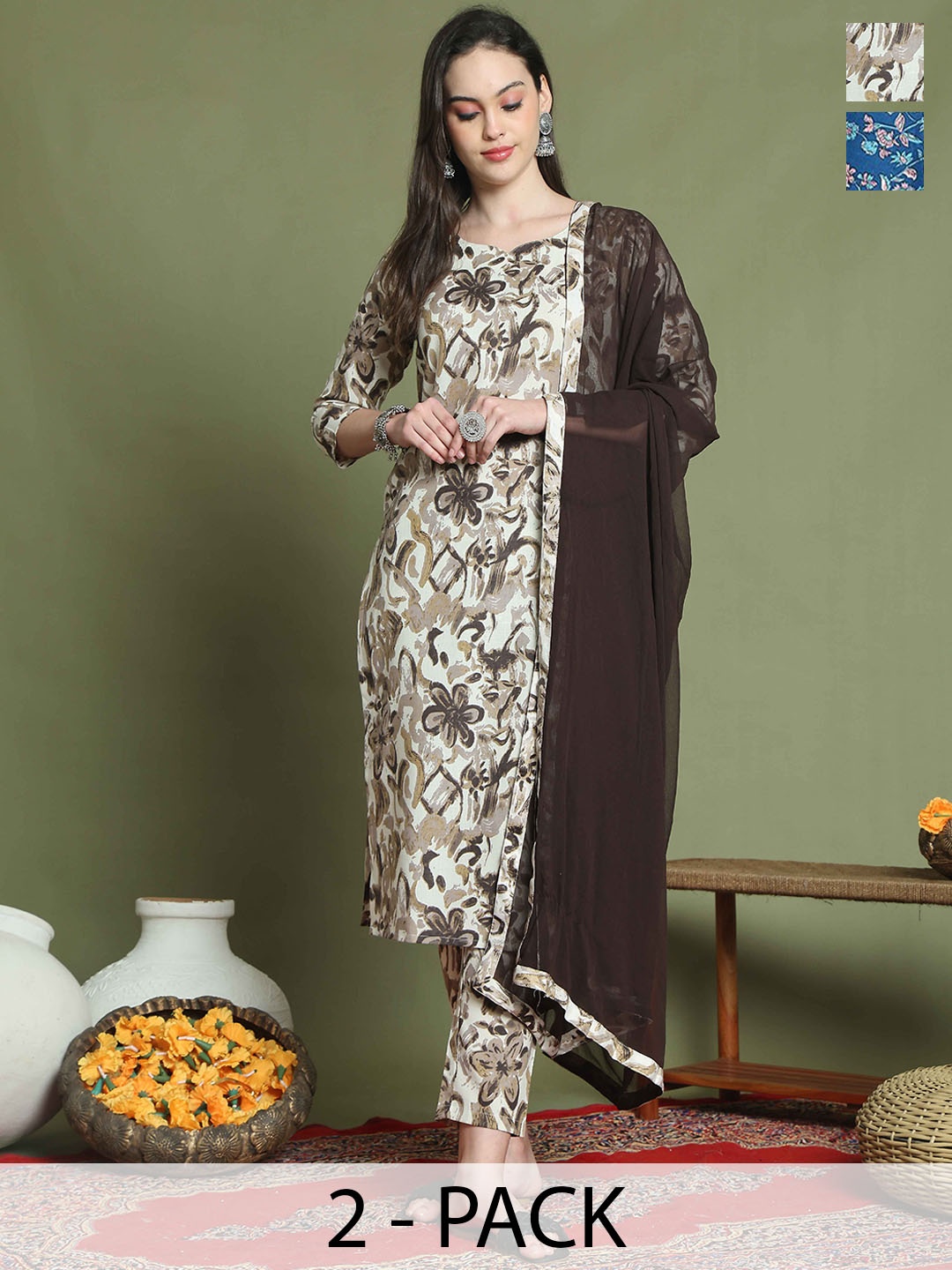 

Rajnandini Women Floral Printed Regular Kurta with Trousers & With Dupatta, Blue