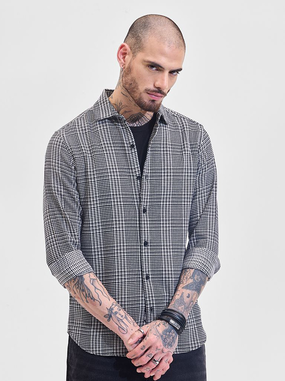 

Snitch Men Classic Micro Checks Opaque Checked Formal Shirt, Black