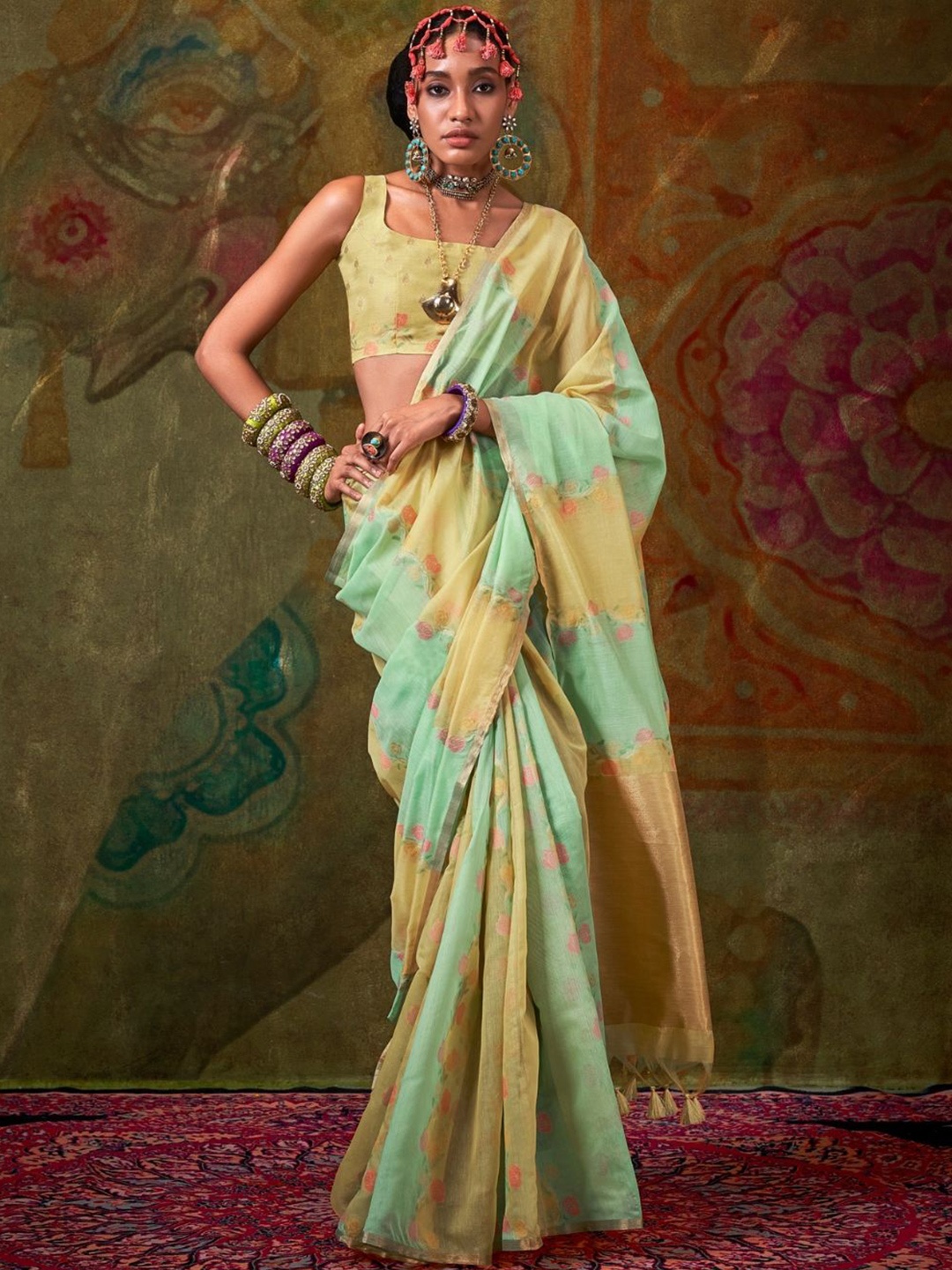 

PEENGAX Woven Design Zari Chanderi Saree, Green