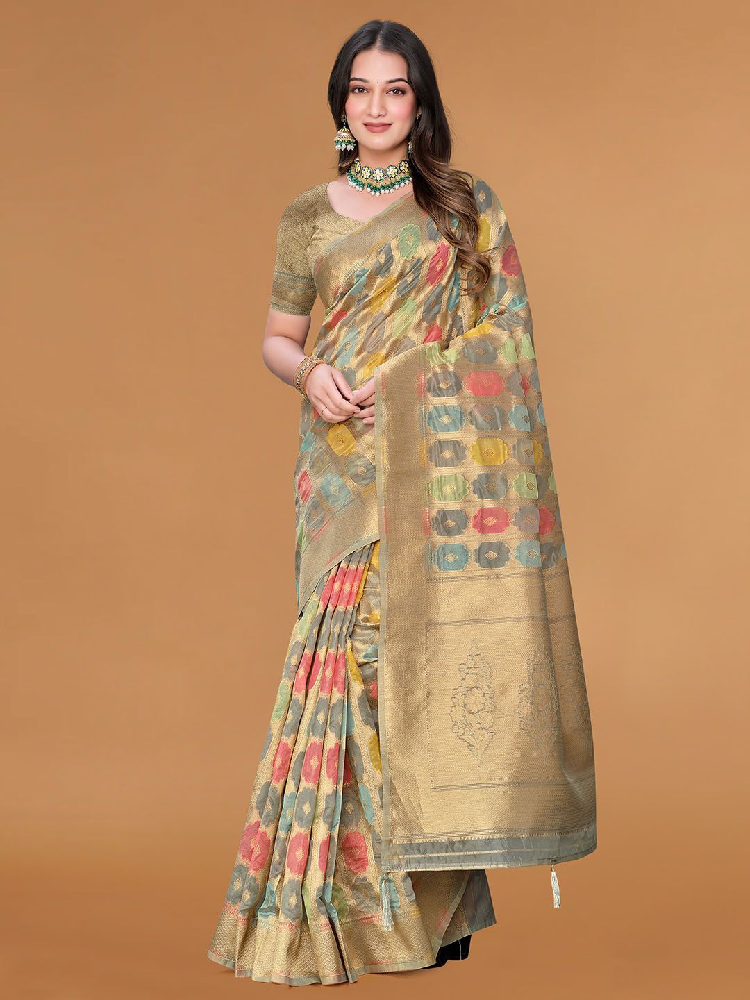 

Meena Bazaar Woven Design Zari Art Silk Saree, Grey