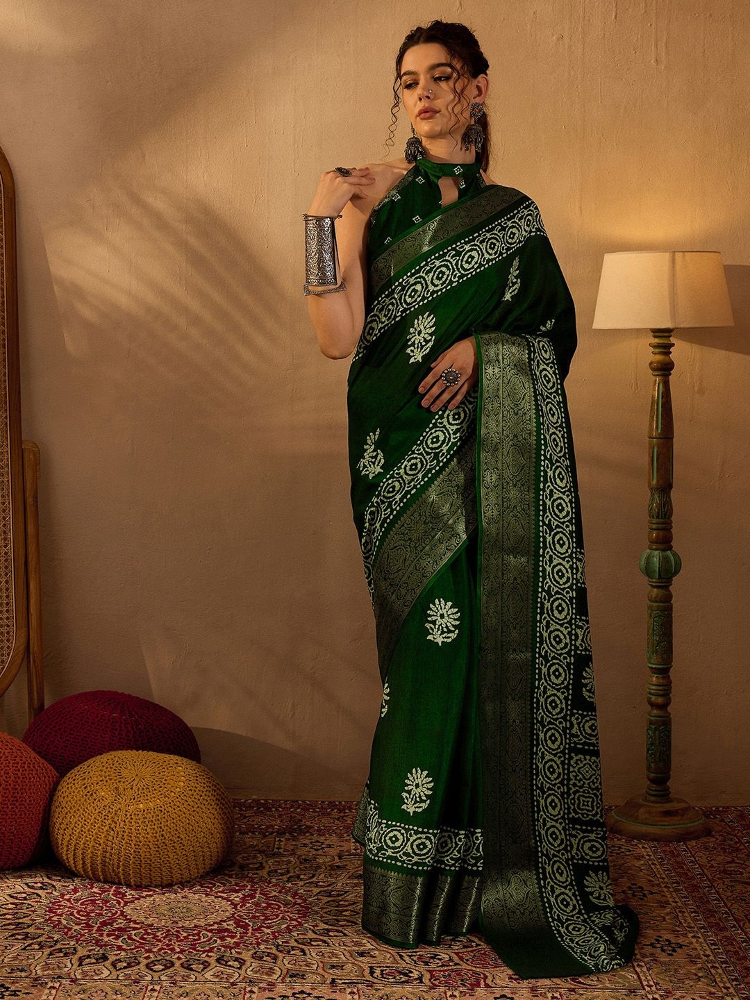

Anouk Rustic Ethnic Motifs Zari Silk Blend Designer Sungudi Saree, Green