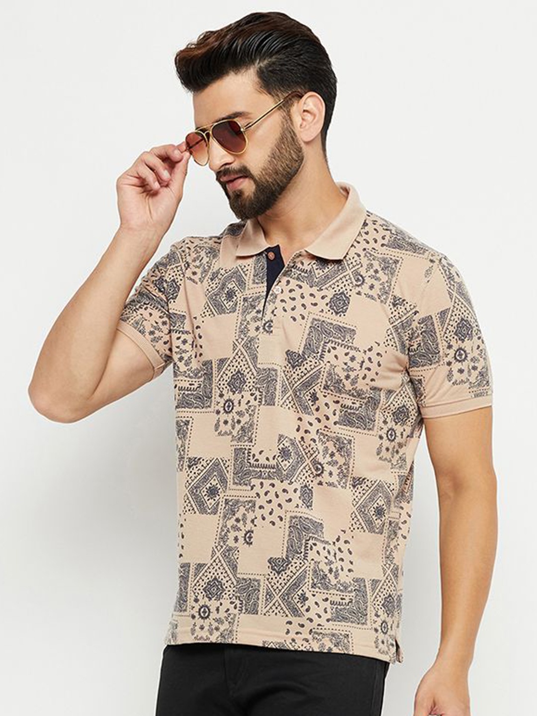 

XFOX Men Printed Polo Collar T-shirt, Beige
