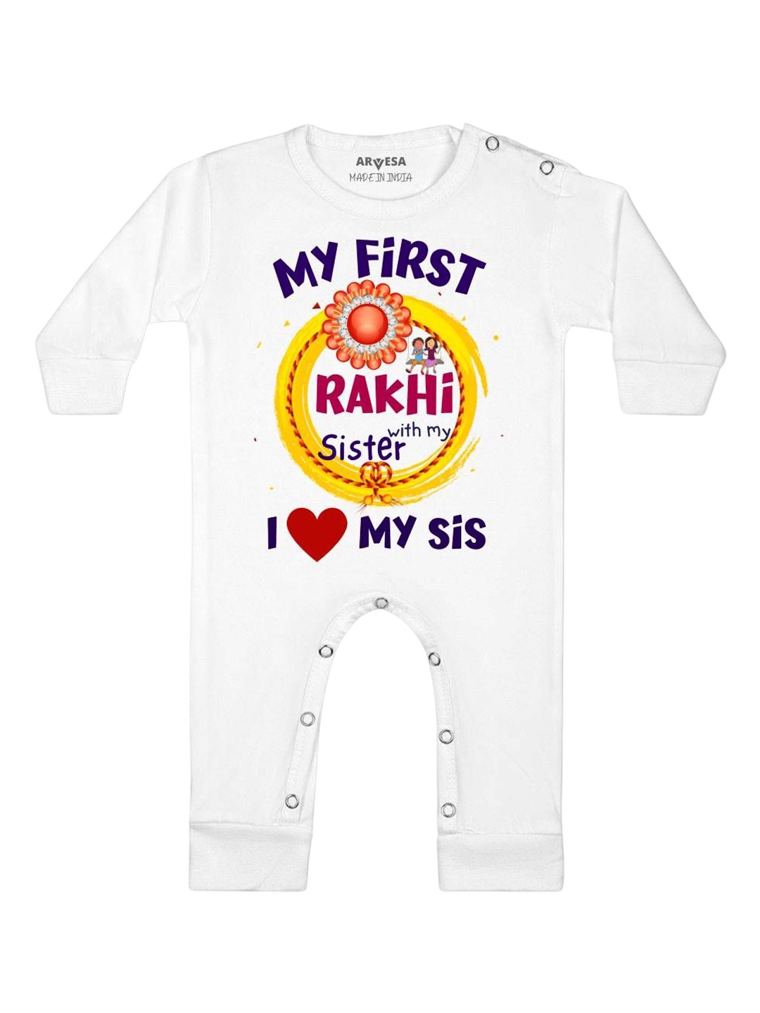 

Arvesa First Rakhi Printed Baby Romper, White