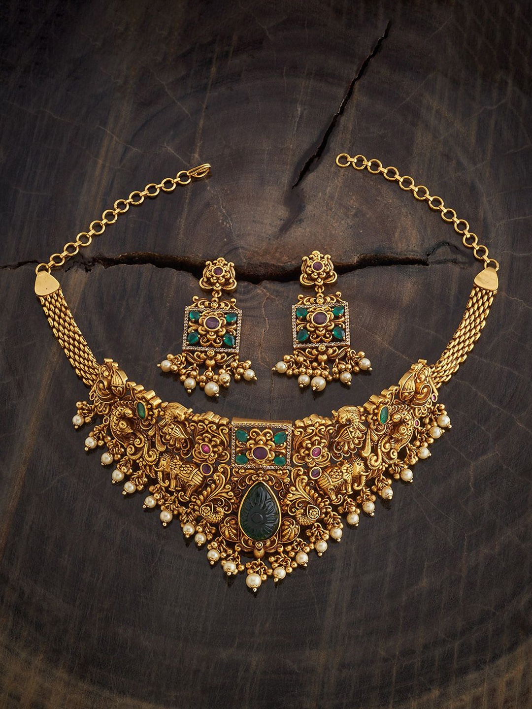 

Kushal's Fashion Jewellery Gold-Plated Stone Studded & Beaded Antique Necklace