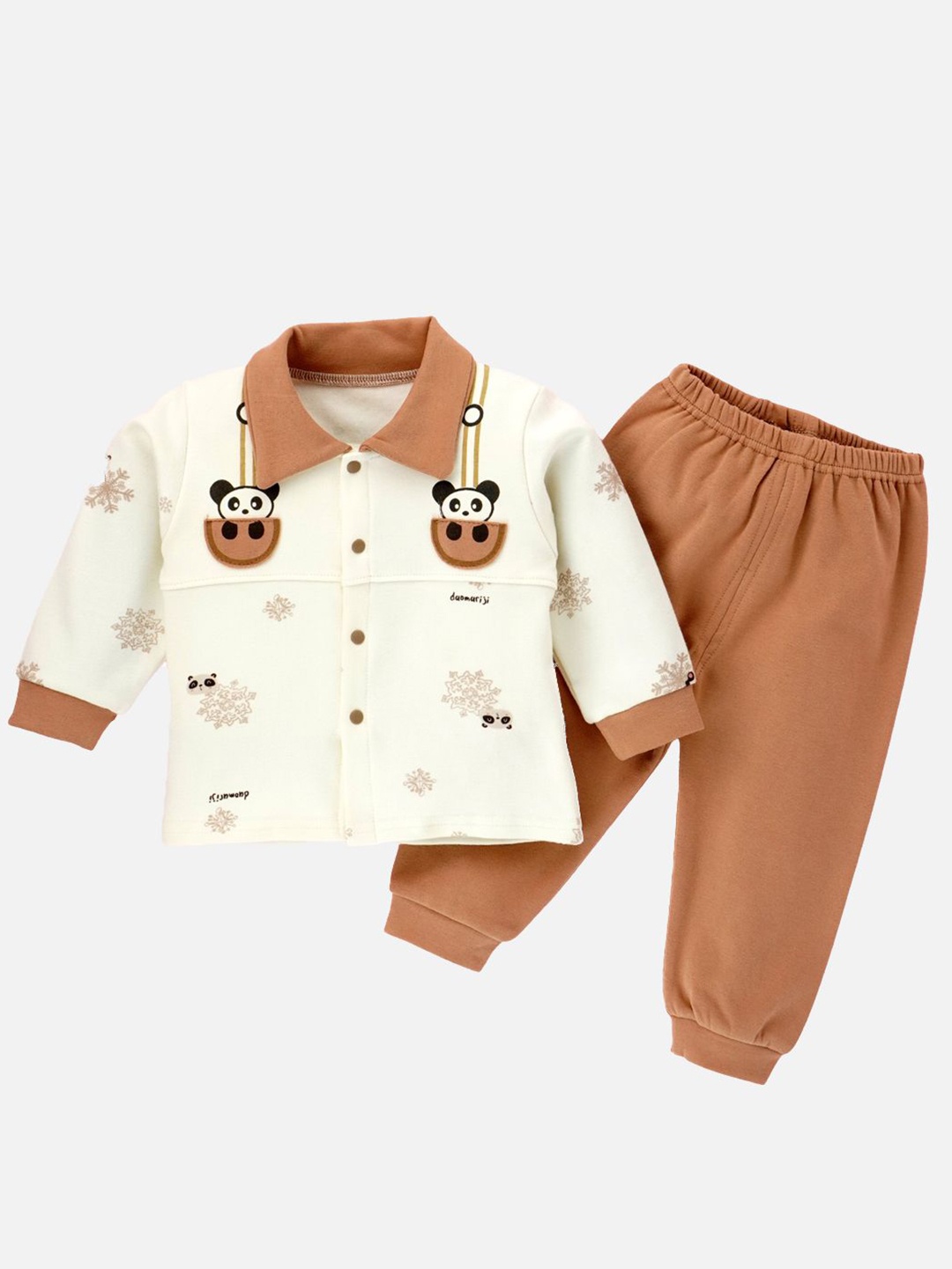 

Little Surprise Box LLP Kids Panda Printed Long Sleeves Shirt With Pants, Brown
