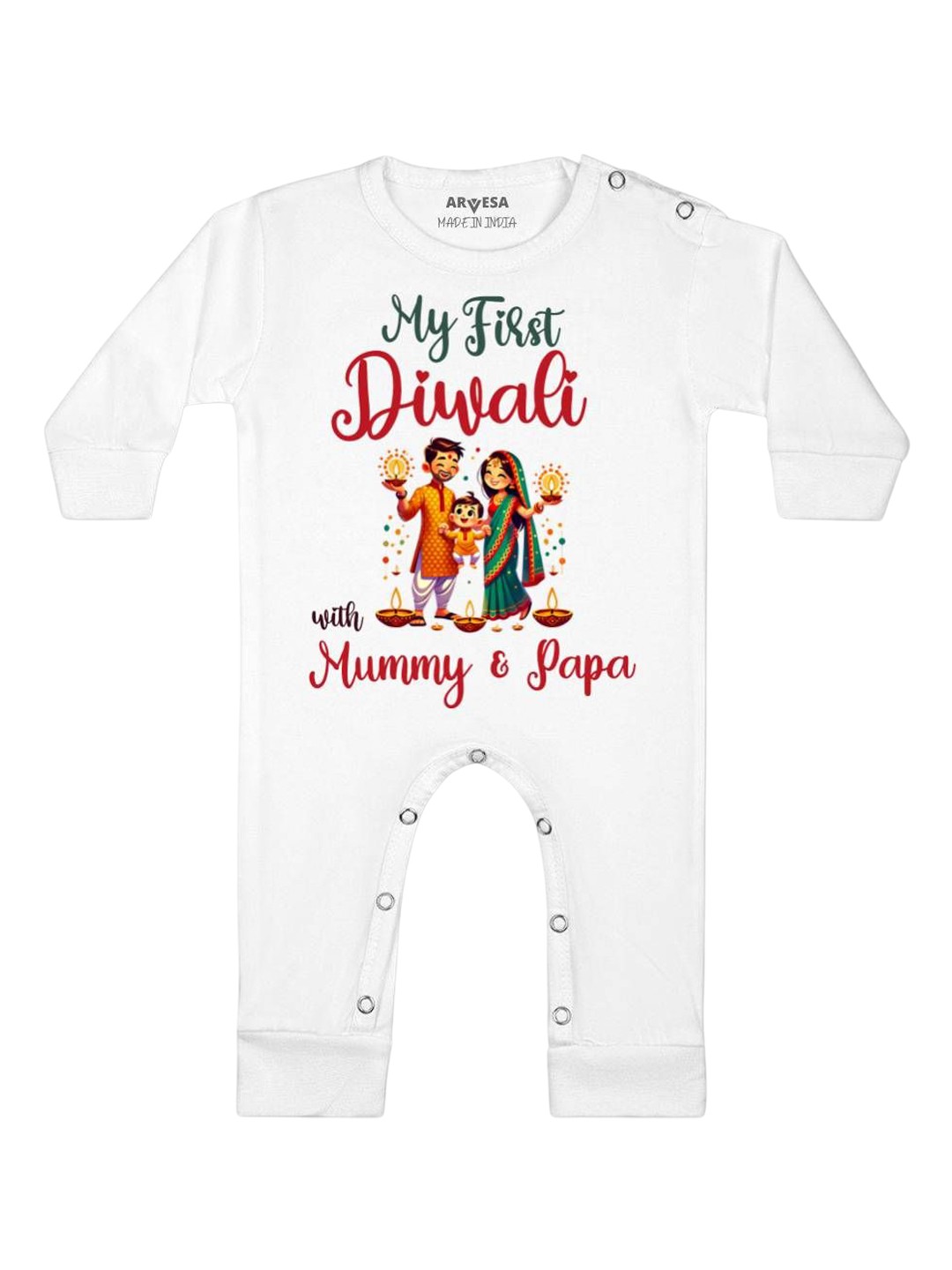 

Arvesa First Diwali Printed Baby Romper, White