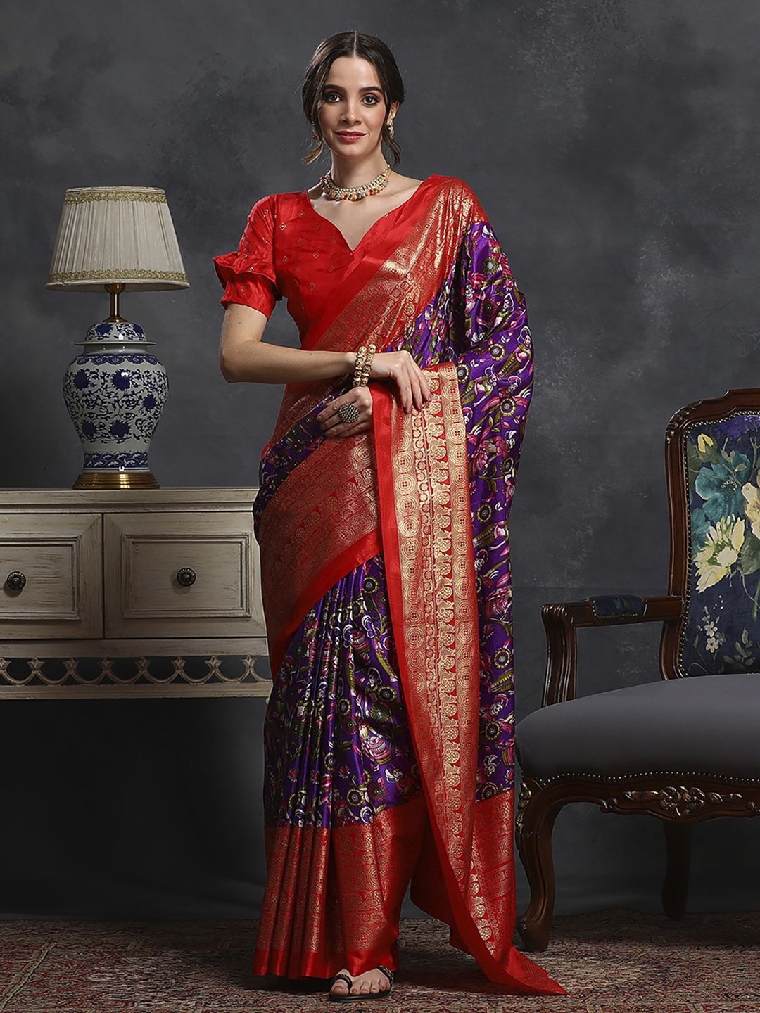 

Anouk Rustic Kalamkari Zari Silk Blend Sungudi Saree, Purple