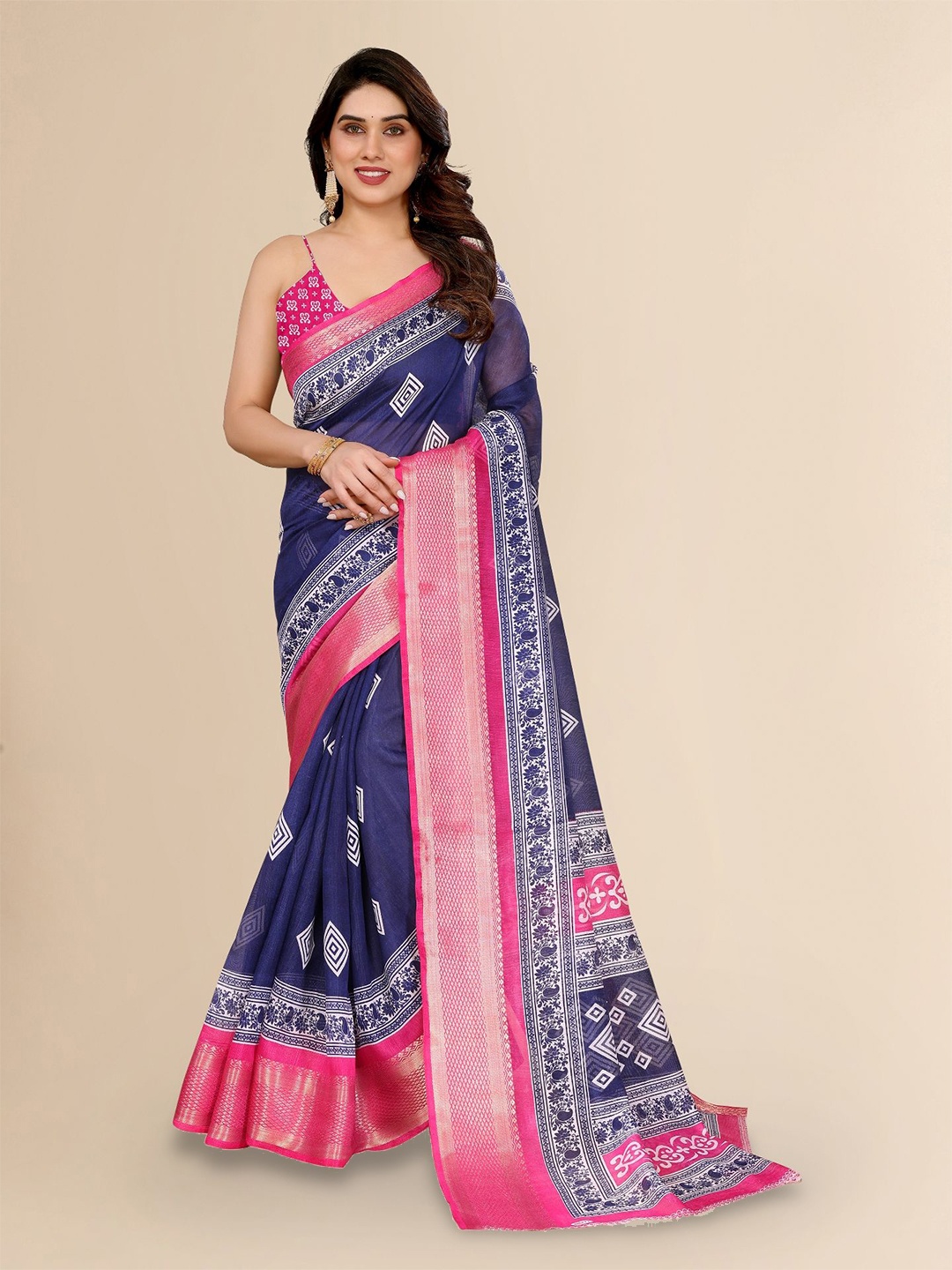 

Moda Rapido Zari Saree, Navy blue