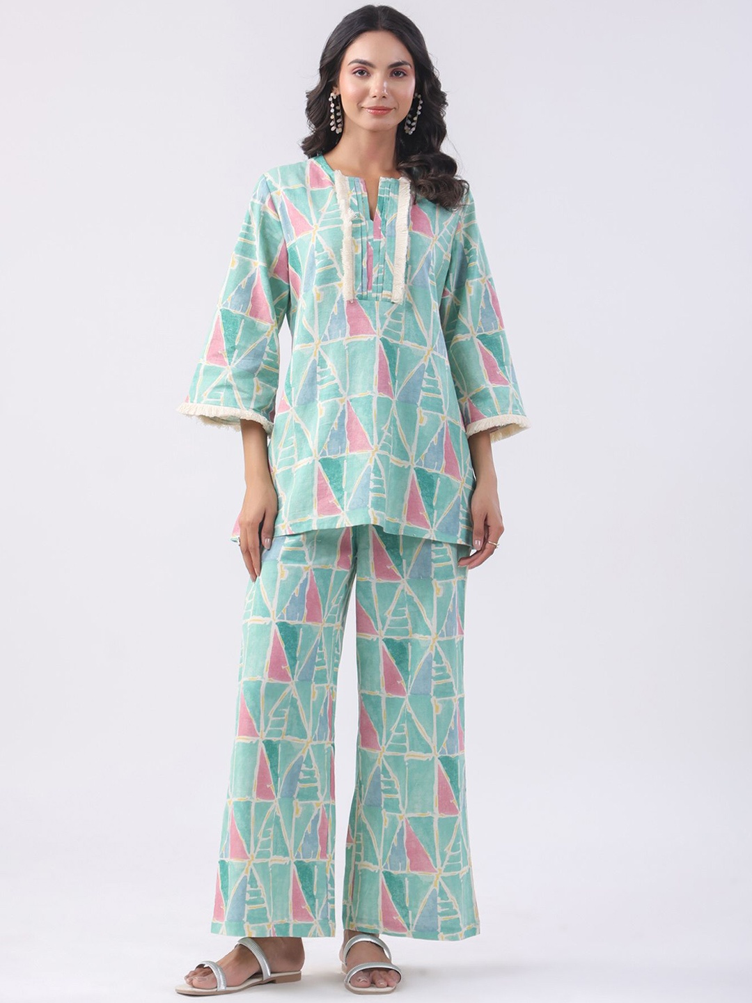 

JISORA Printed Pure Cotton Notch Neck Tunic & Trousers Co-Ords, Green