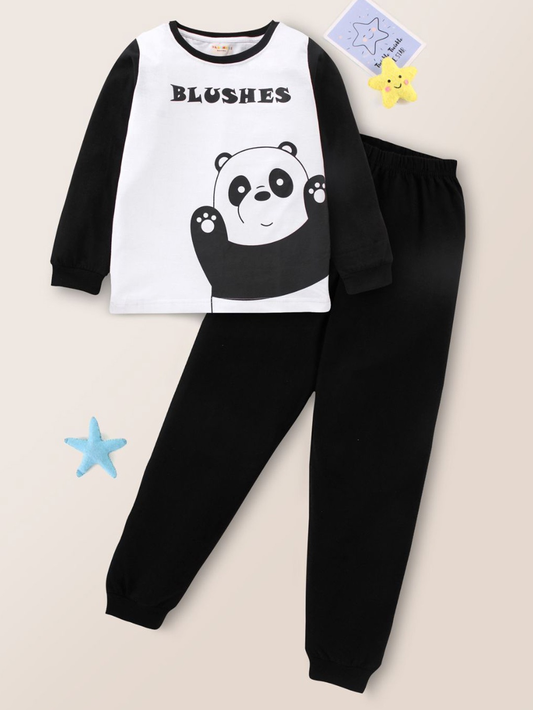 

BLUSHES Kids Printed Round Neck Pure Cotton T-Shirt With Jogger, White