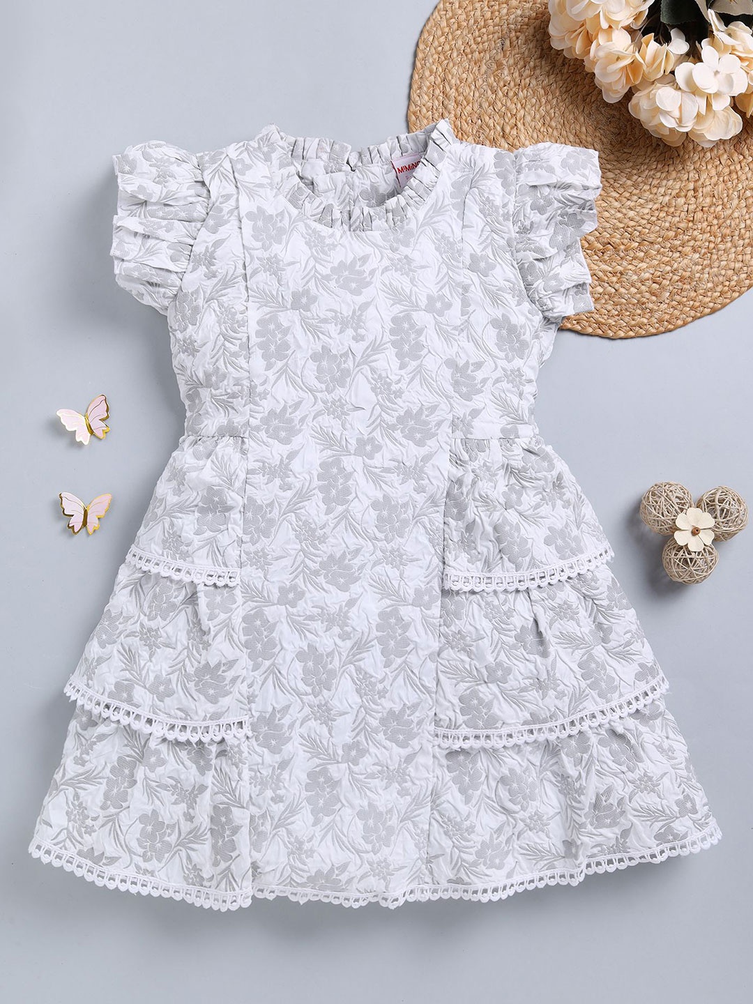 

MIMINO Print Flutter Sleeve Fit & Flare Dress, Grey