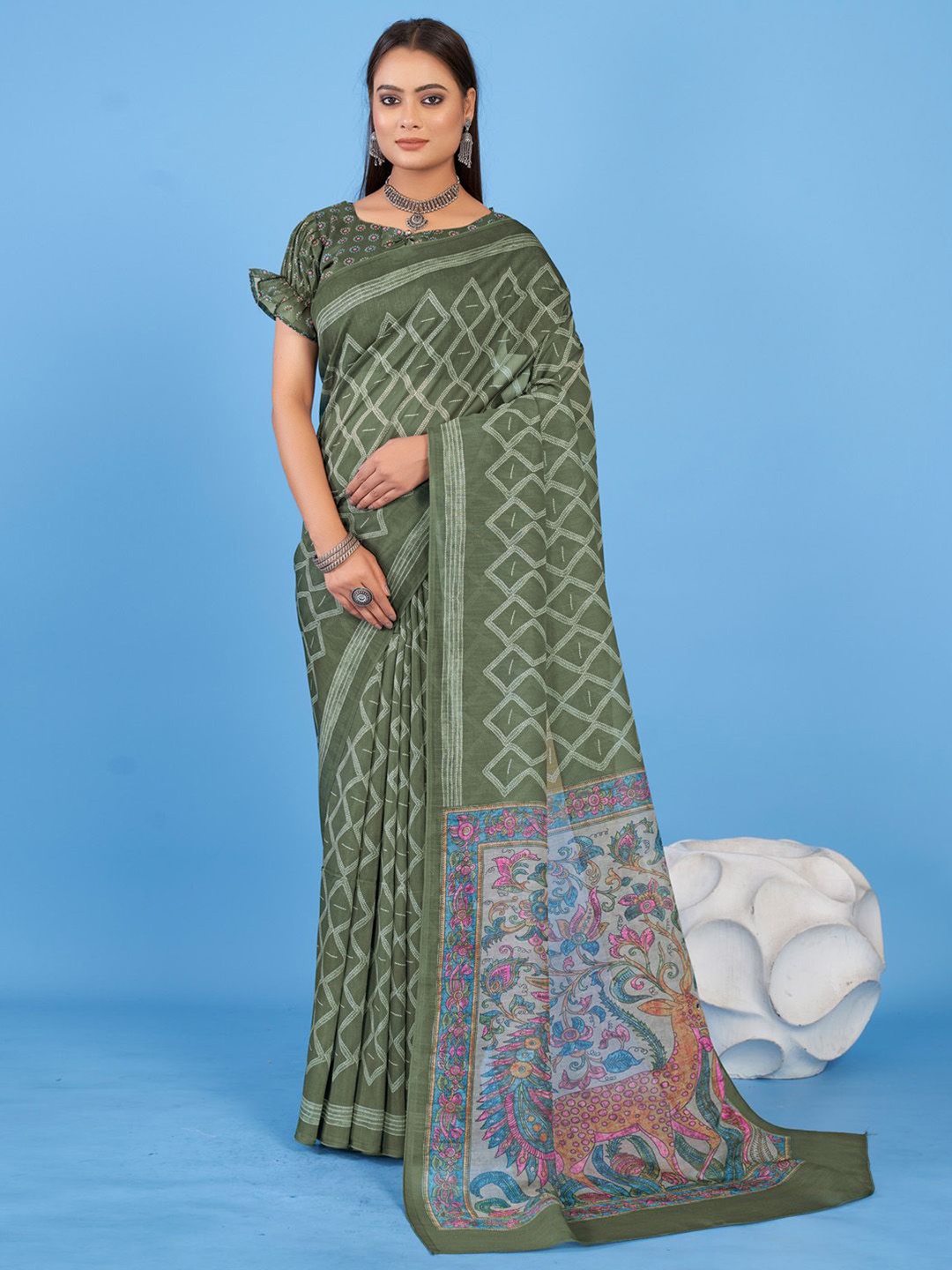 

Anouk Rustic Linen Blend Bagh Saree, Olive