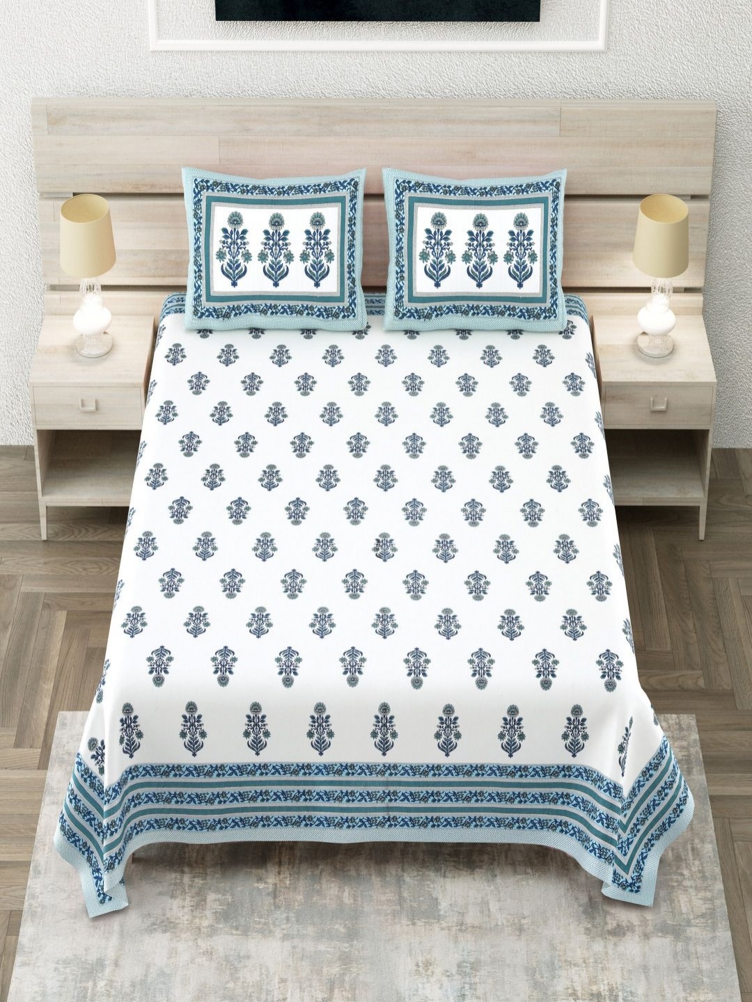 

Aapno Rajasthan White Ethnic Motifs Pure Cotton 144 TC King Bedsheet with 2 Pillow Covers