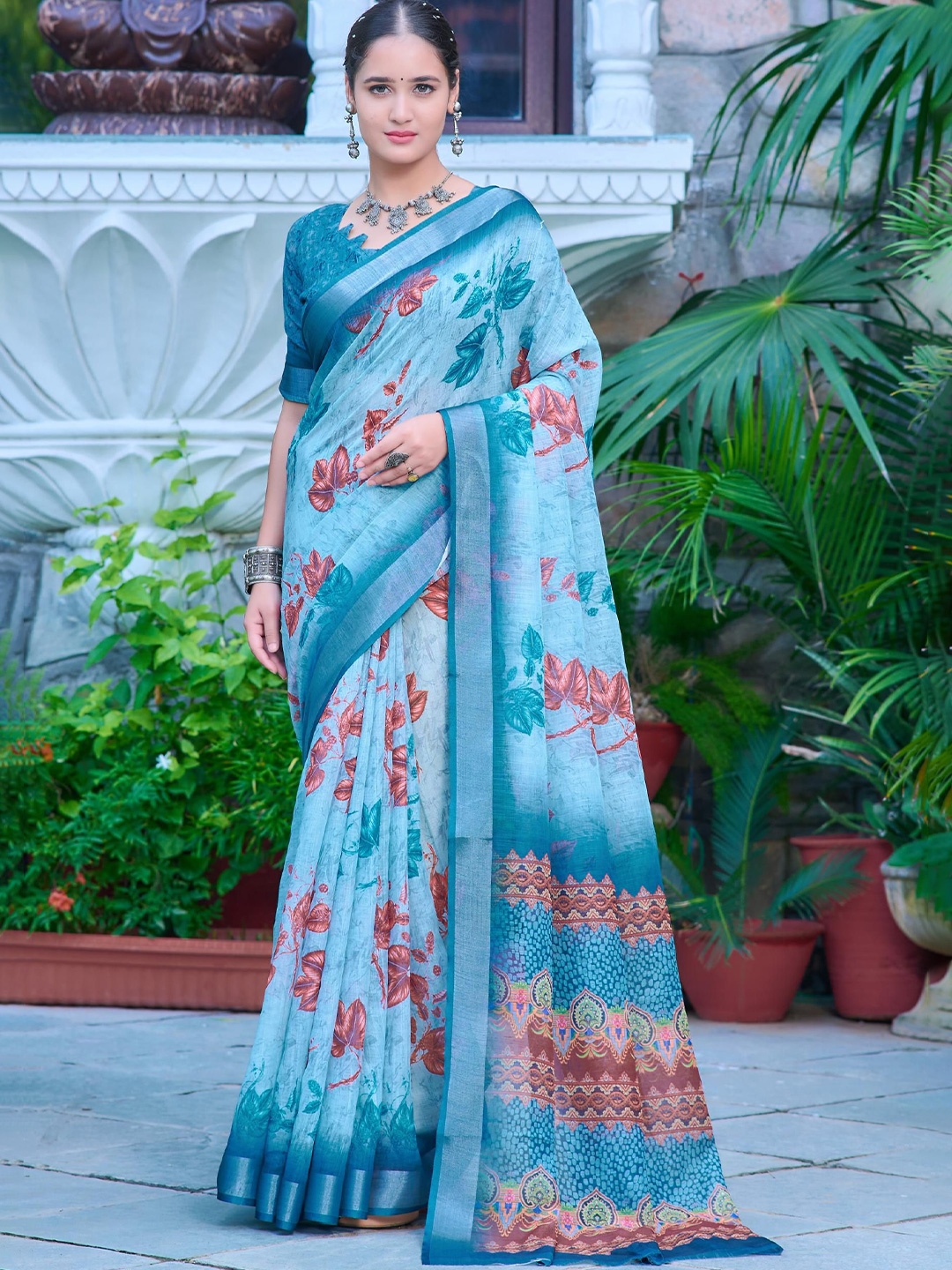 

Quelea Floral Zari Linen Blend Khadi Saree, Teal