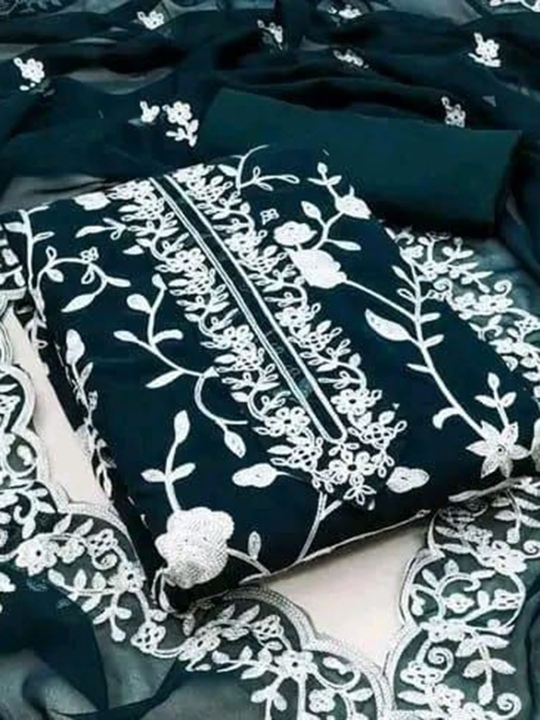 

BlissFlair Floral Embroidered Thread Work Georgette Unstitched Dress Material, Blue