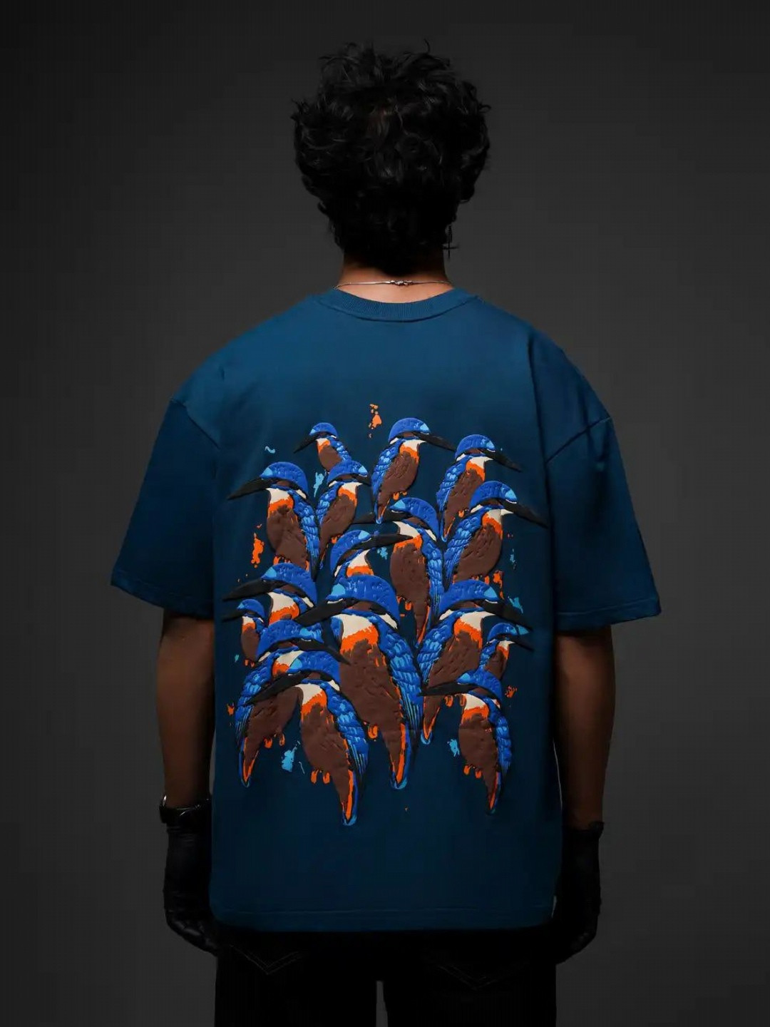 

MONKBREED Men Printed Raw Edge T-shirt, Navy blue