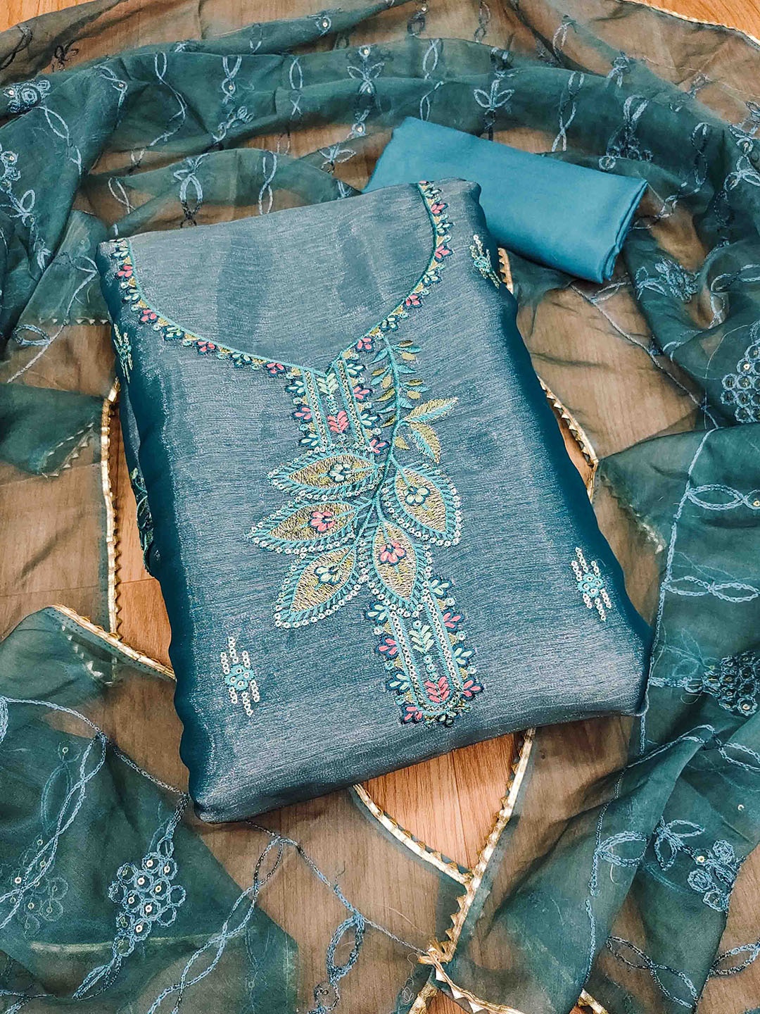 

Blissta Embroidered Silk Chiffon Unstitched Dress Material, Blue