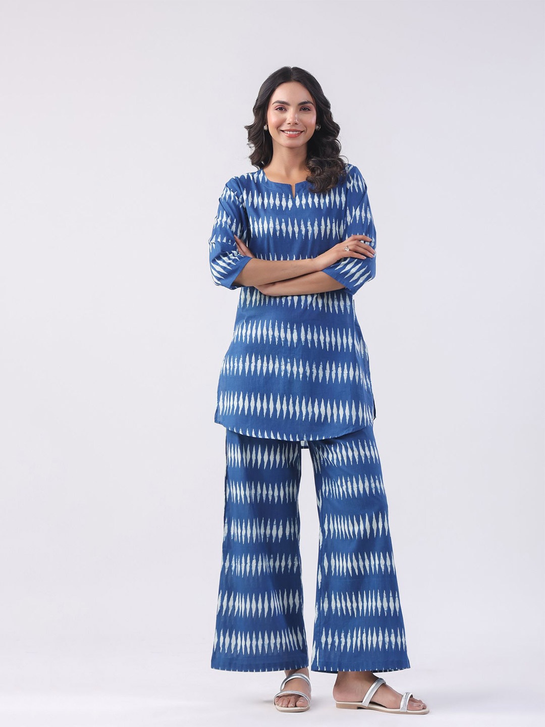 

JISORA Printed Round-Neck Pure Cotton Tunic With Trousers Co-Ords, Blue