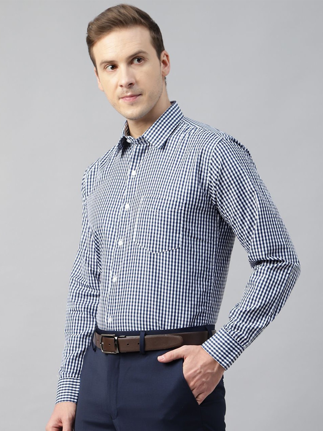 

PulseIQ Men Slim Fit Gingham Checks Opaque Checked Formal Shirt, Navy blue