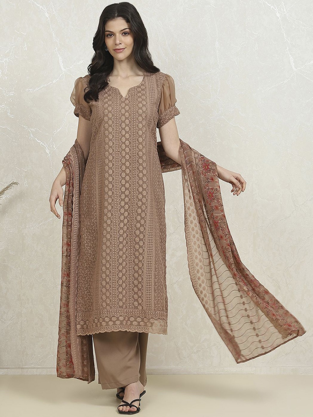 

Biba Floral Embroidered Thread Work Silk Georgette Unstitched Dress Material, Brown