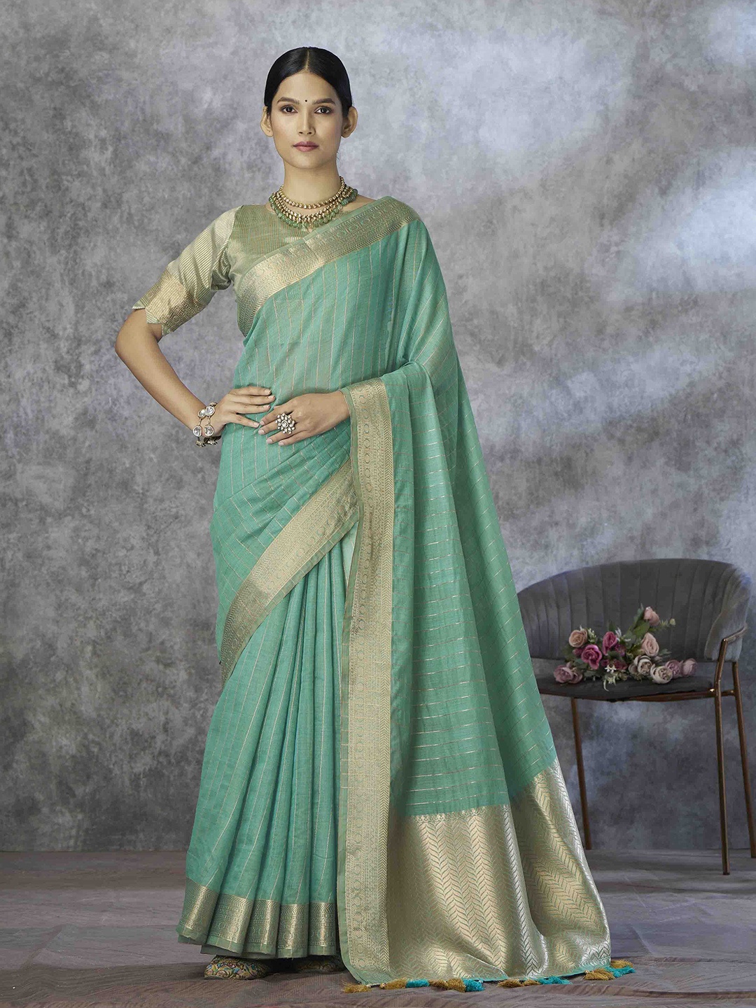 

Mitera Woven Design Zari Silk Blend Saree, Sea green