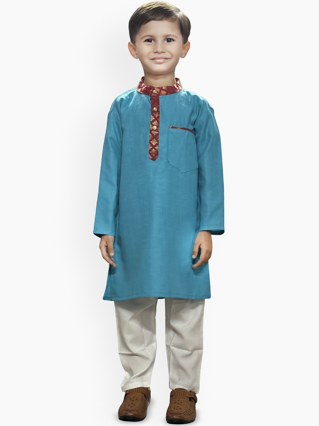 

BAESD Boys Band Collar Pure Cotton Straight Kurta With Pyjamas, Blue