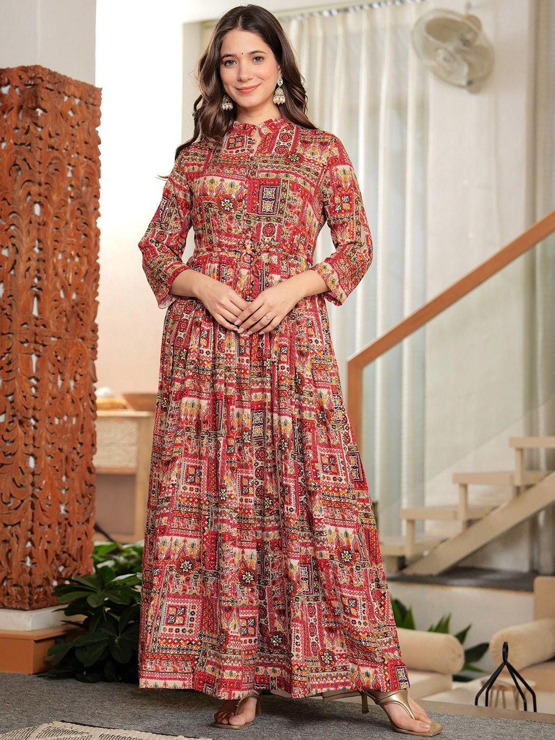 

GEKHA Ethnic Motifs Printed Sequined Mandarin Collar Fit and Flare Ethnic Dresses, Red