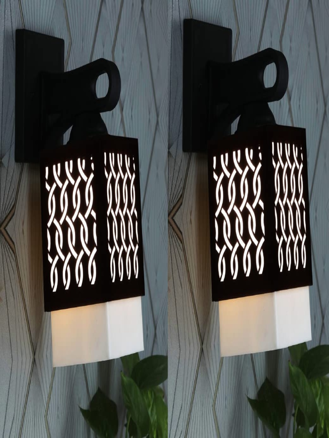 

Gojeeva Black & White 2 Pieces Textured Wooden Square Shaped Wall Lamps