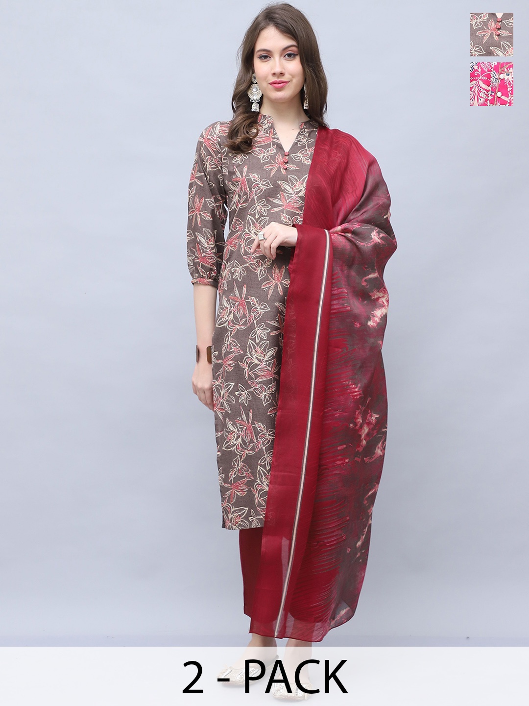 

KALINI Women Floral Printed Regular Kurta with Trousers & With Dupatta, Brown