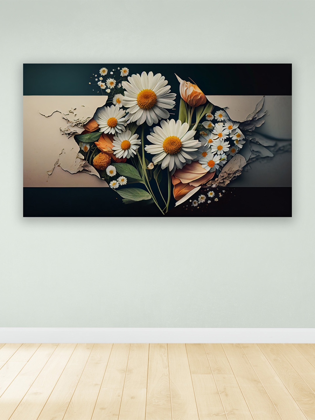 

CVANU White & Orange Floral & Botanical Canvas Painting Wall Art