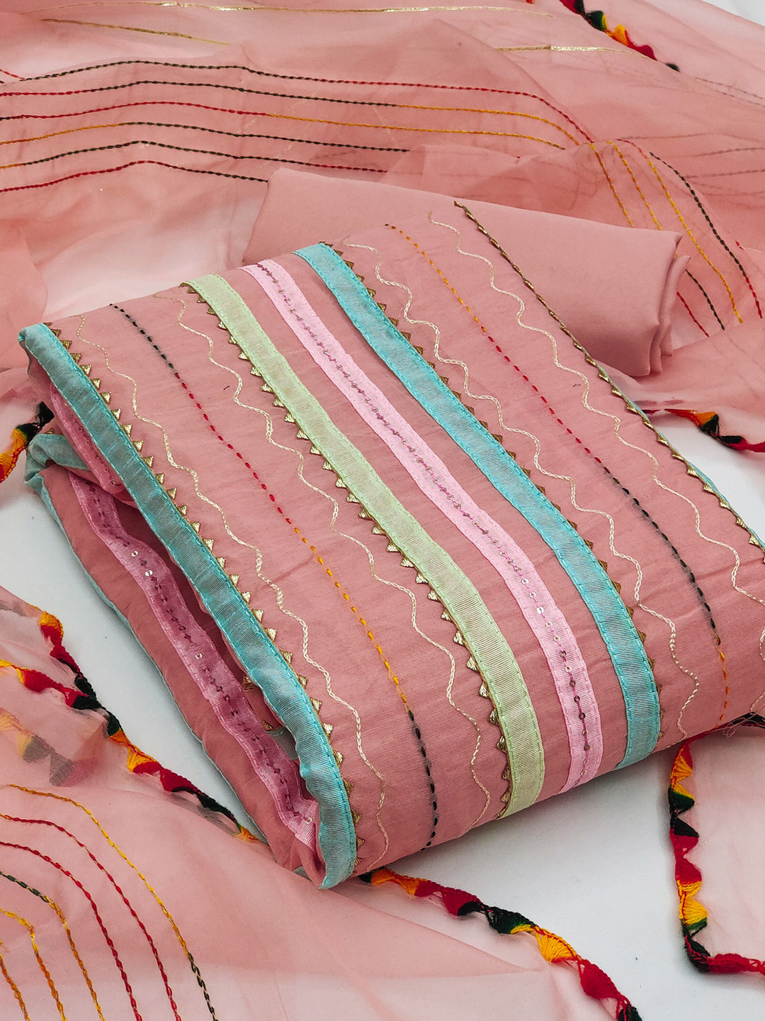 

Rangtulika Striped Embroidered Chanderi Cotton Unstitched Dress Material, Pink