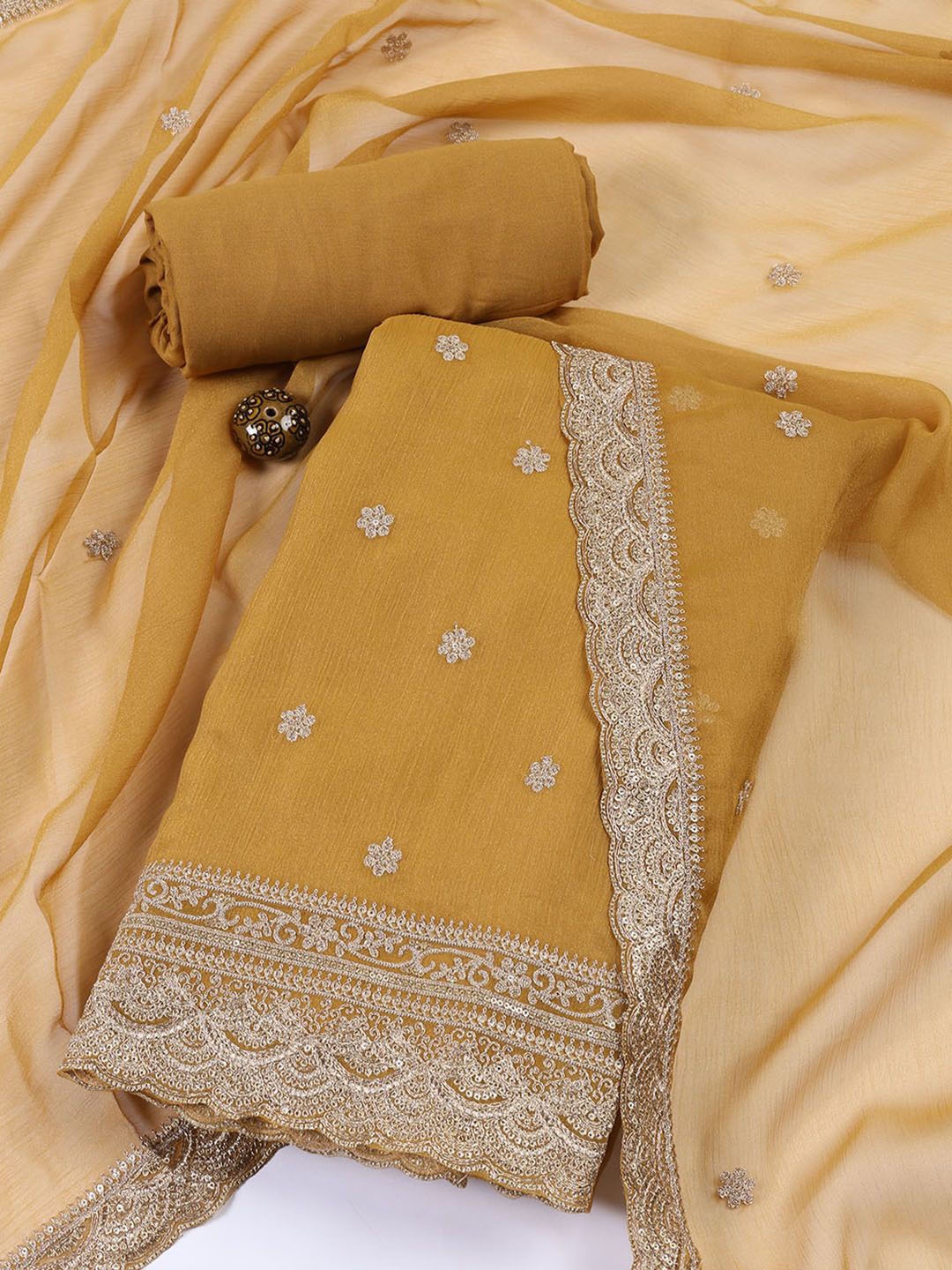 

Meena Bazaar Floral Embroidered Sequinned Unstitched Dress Material, Mustard