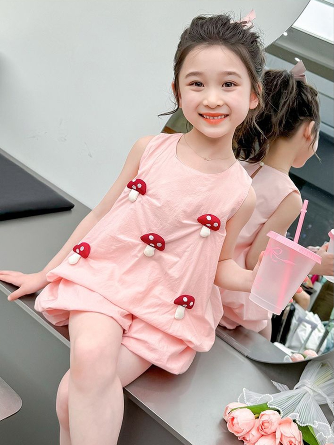 

LULU & SKY Girls Printed Round Neck Pure Cotton Top With Balloon Shorts, Pink