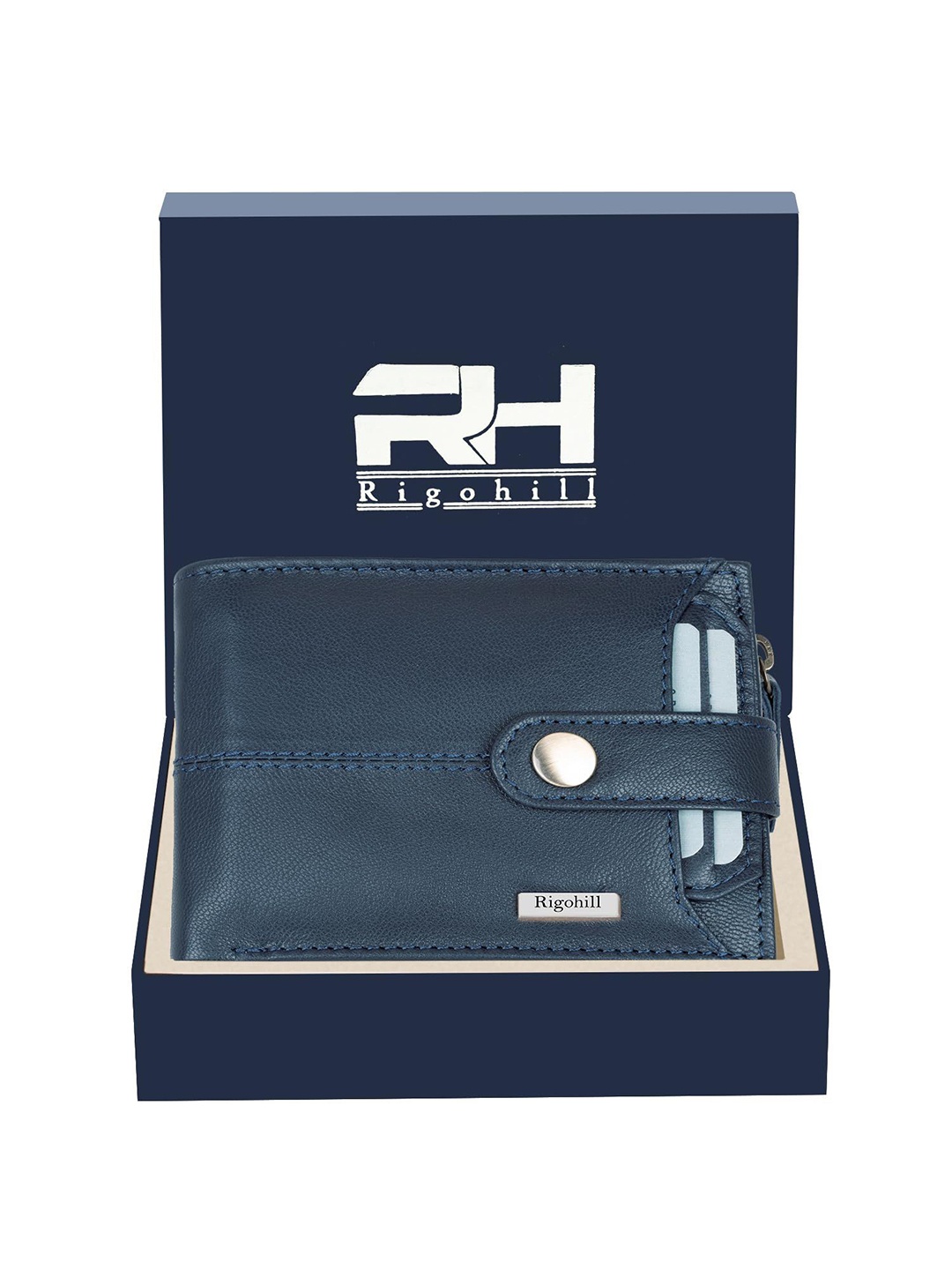 

Rigohill Men Doger Blue RFID Protected Leather Two Fold Wallet, Navy blue