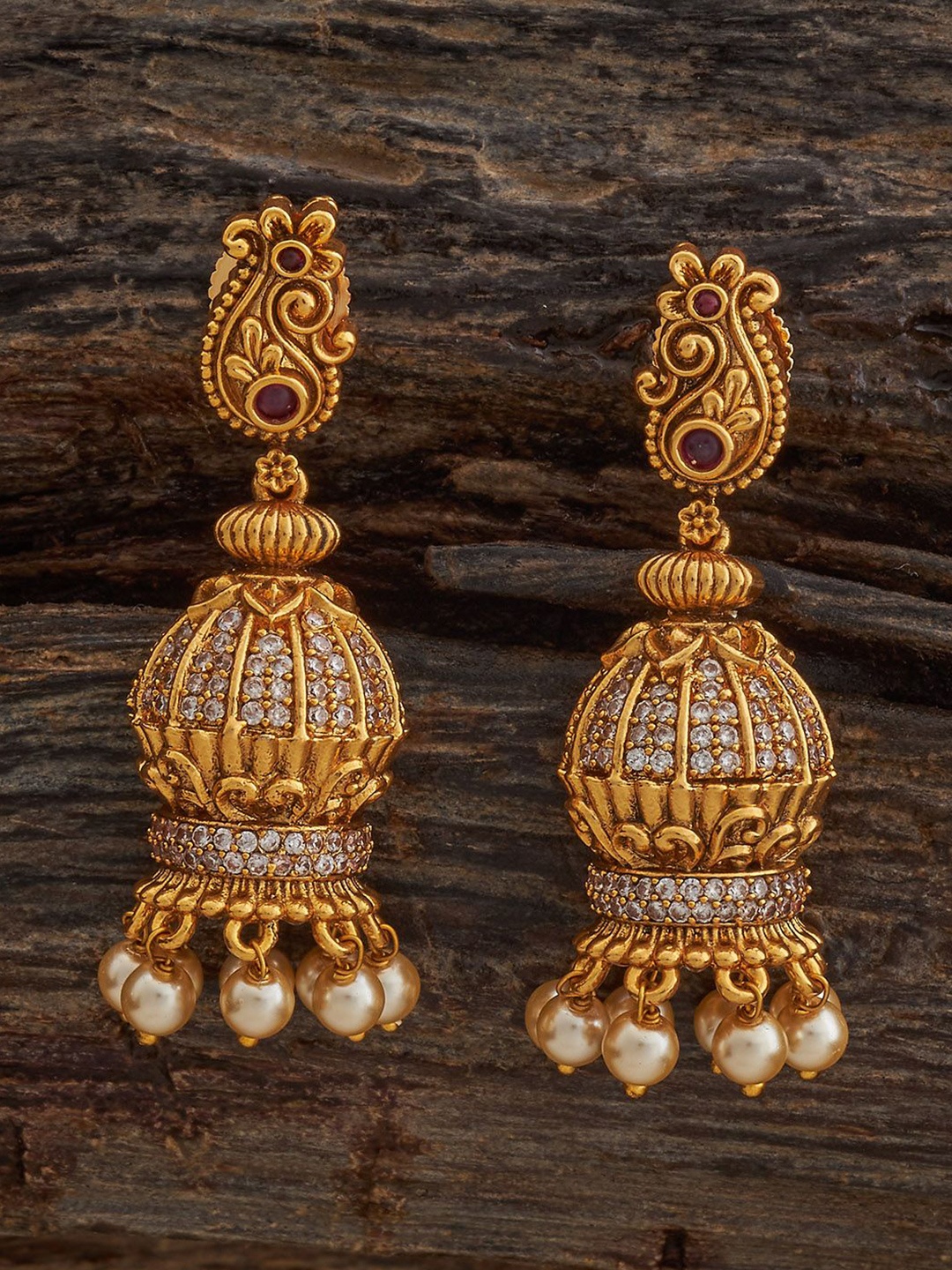 

Kushal's Fashion Jewellery Gold-Plated Ethnic Antique Dome Shaped Jhumkas Earrings