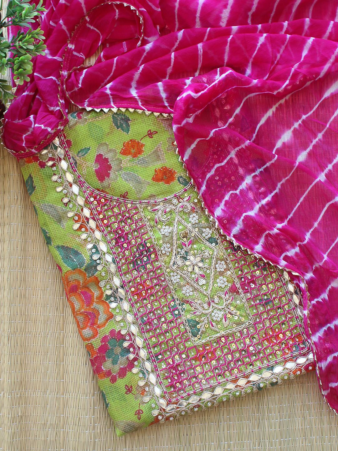 

Weaves of Tradition Floral Embroidered Unstitched Dress Material, Green