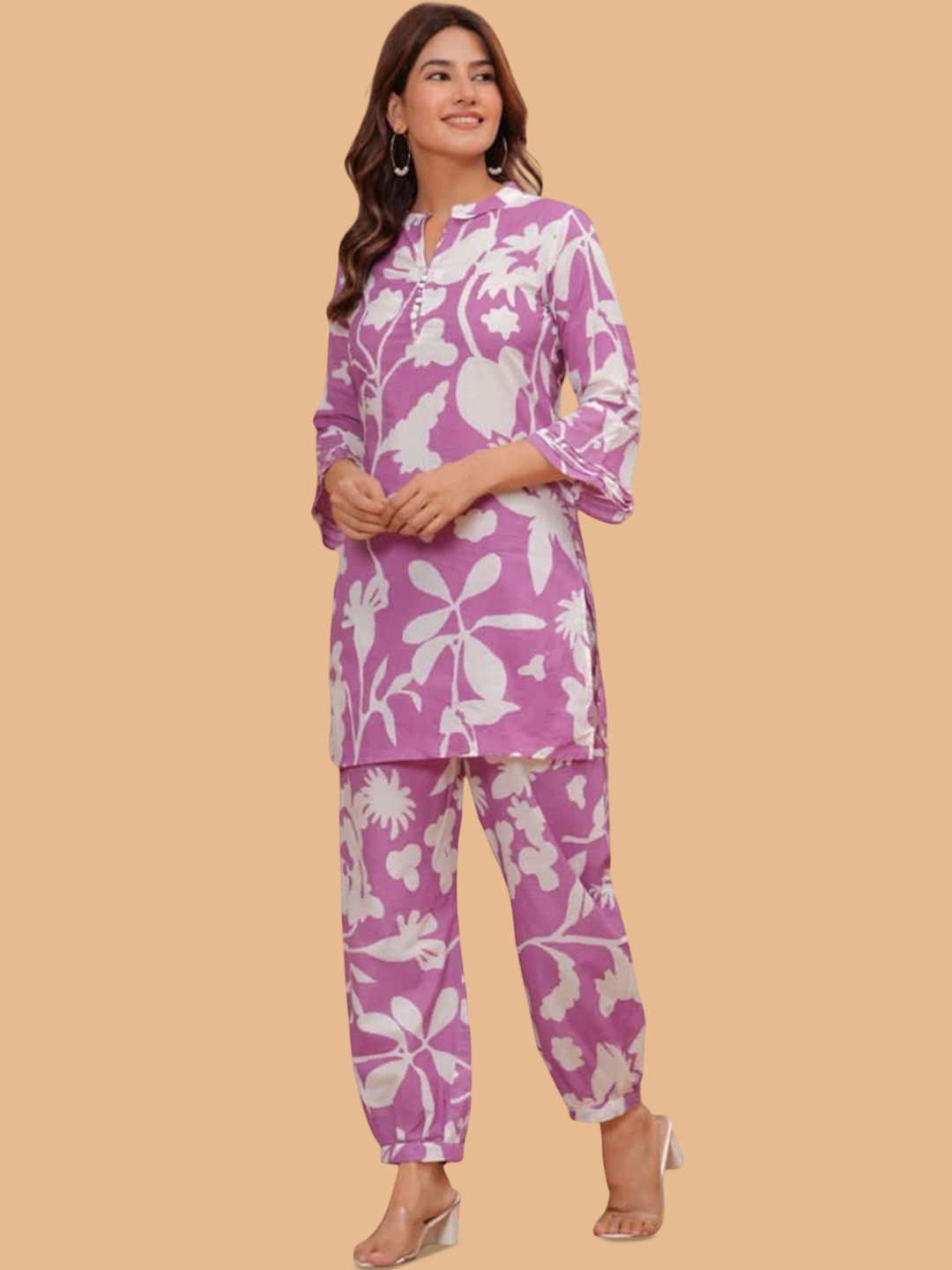 

JAITRA APPARELS Floral Printed Pure Cotton Top With Trouser, Purple