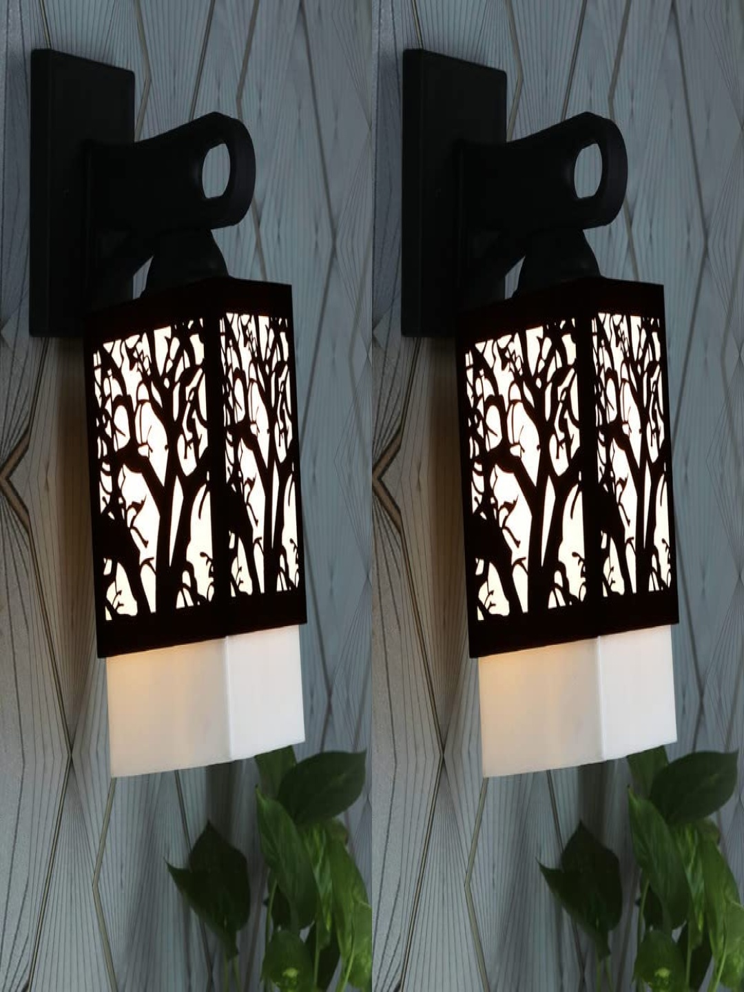 

Gojeeva Black & White 2 Pieces Textured Rectangle Shaped Wooden Wall Lamps