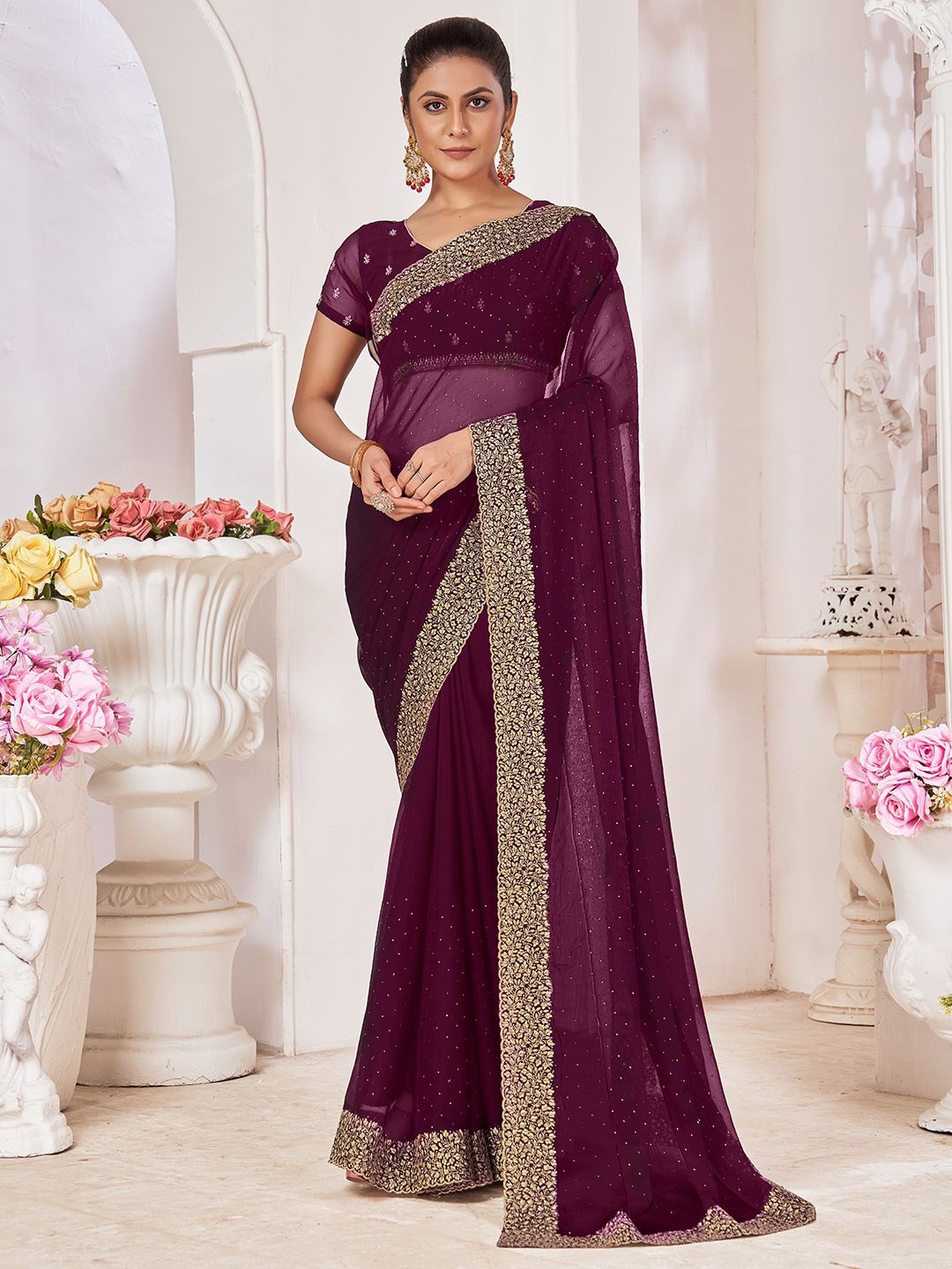 

LeeliPeeri Designer Embellished Beads and Stones Poly Chiffon Saree, Purple