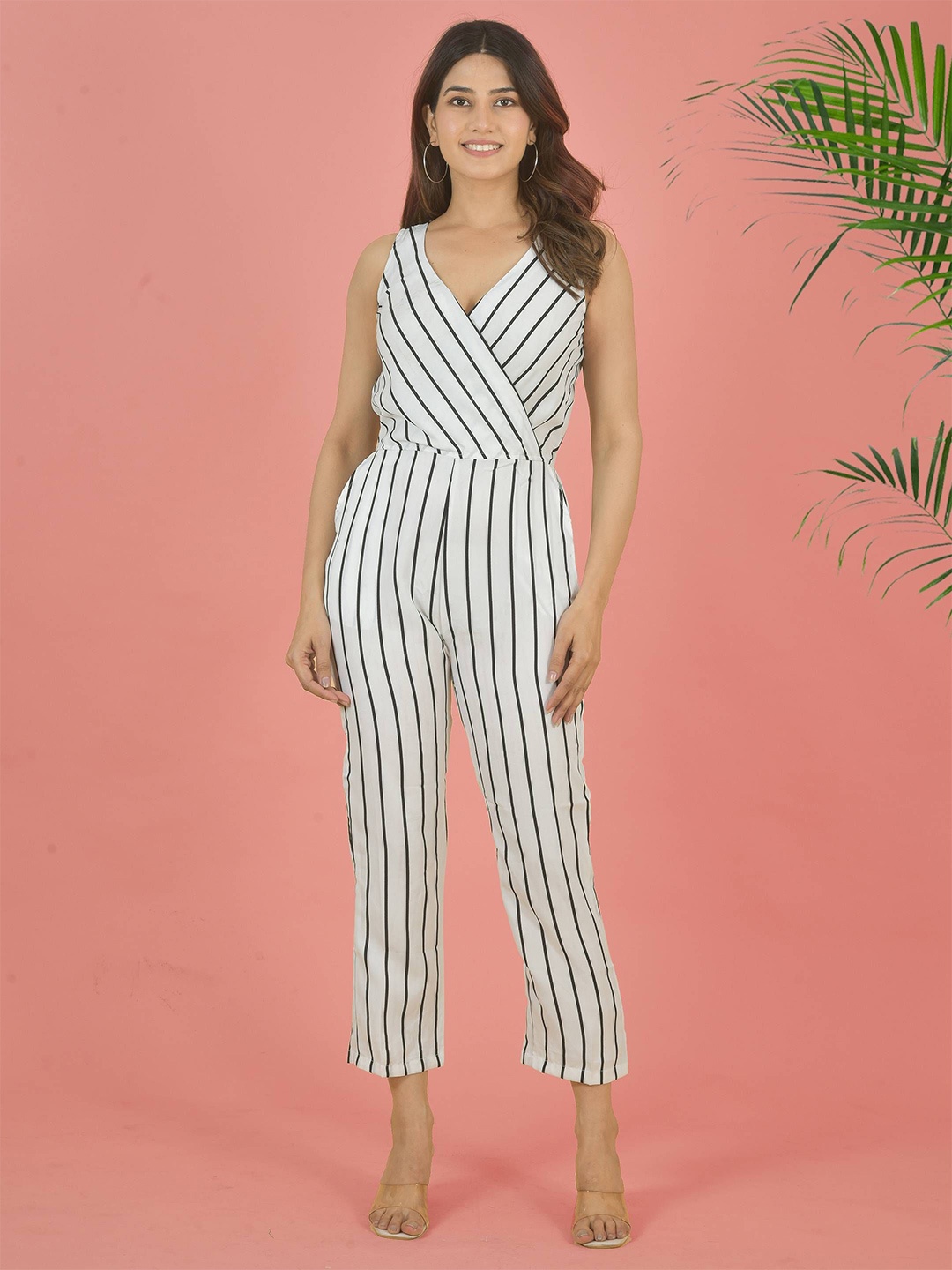 

LA FEMINAE Striped Basic Jumpsuit, White