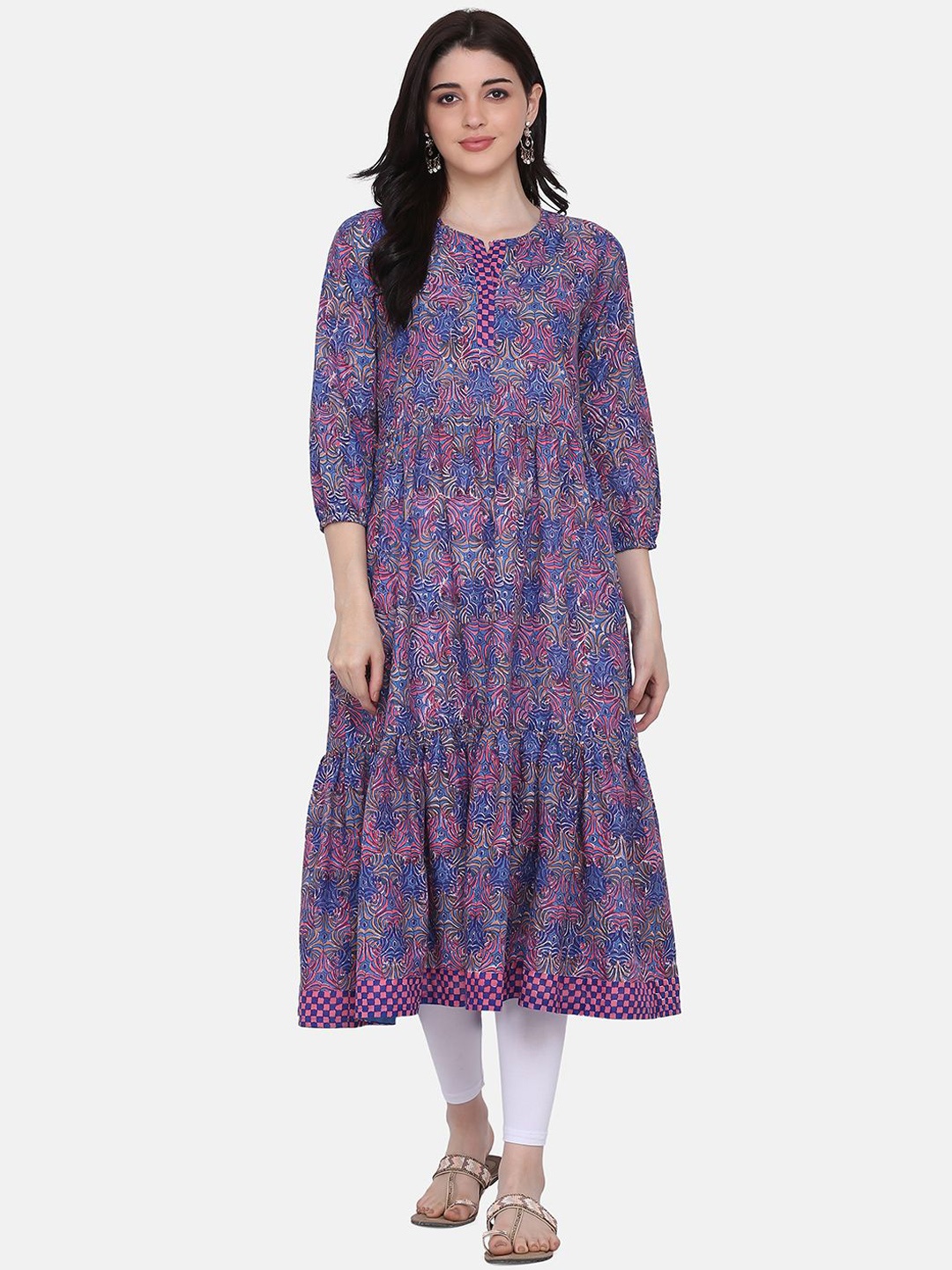 

HRITIKA Ethnic Motifs Printed Pure Cotton Anarkali Kurta, Blue