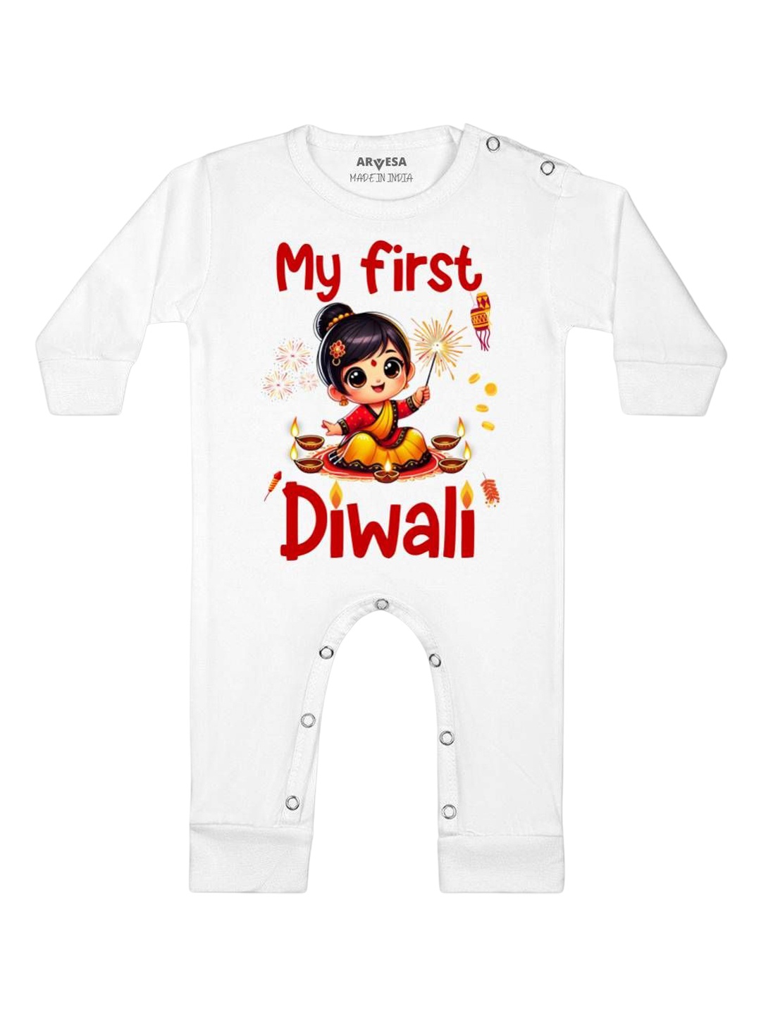 

Arvesa First Diwali Printed Baby Romper, White