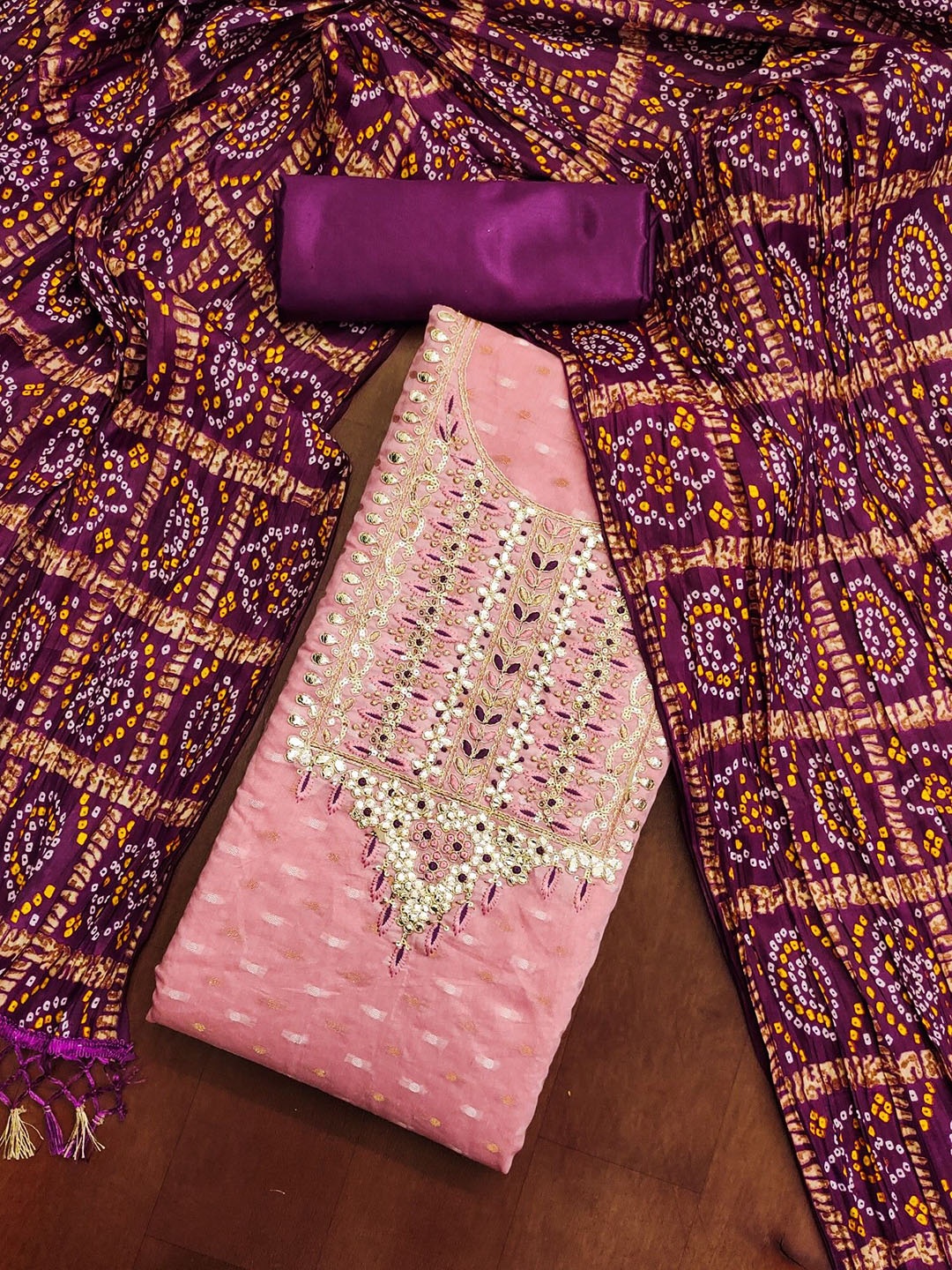 

Rangtulika Ethnics Motifs Embroidered Gotta Patti Unstitched Dress Material, Pink