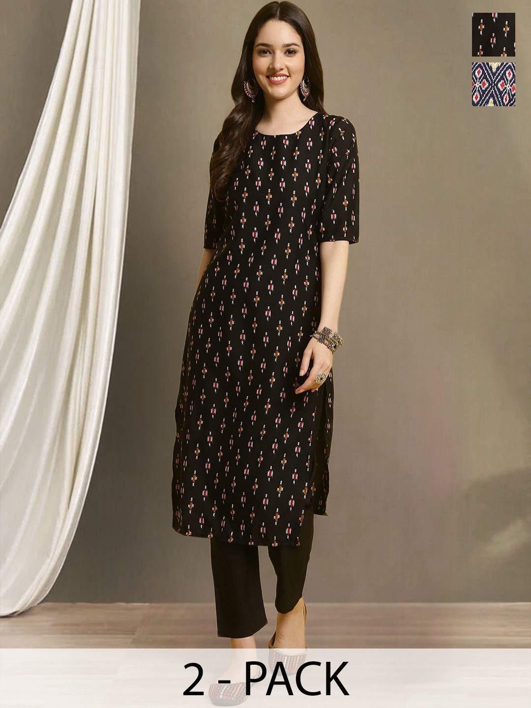 

Moda Rapido Selection Of 2 Ethnic Motifs Printed Round Neck Straight Kurtas With Trousers, Blue